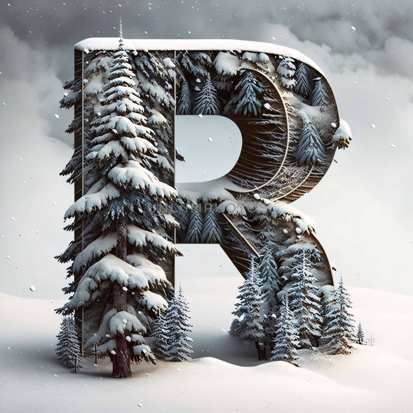 Graphic alphabet letters: Alphabet letter R covered with snow in the winter forest. 3D rendering.
