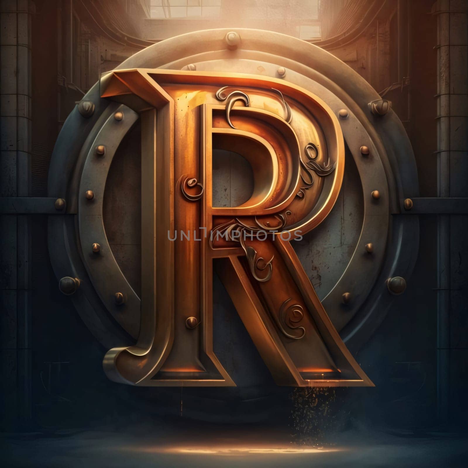 Golden metal letter R with old safe. 3D illustration. Vintage style. by ThemesS