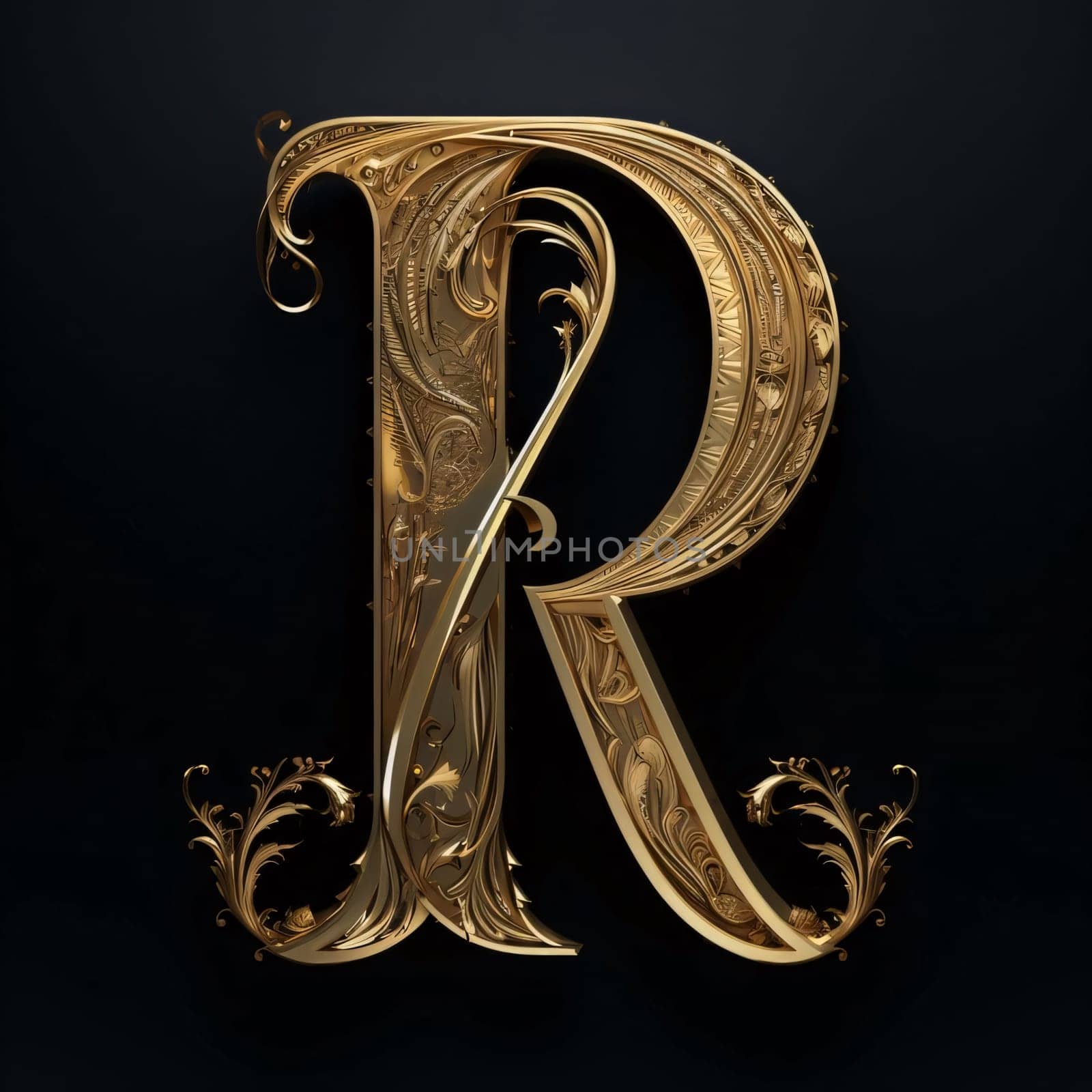 Graphic alphabet letters: Golden capital letter R in the style of Baroque. 3D illustration