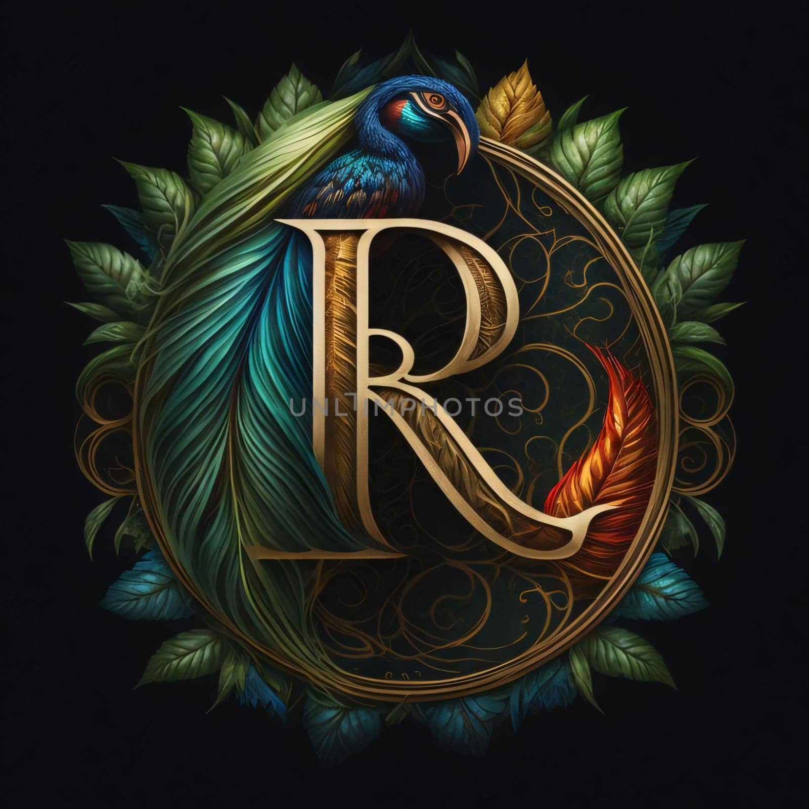 Graphic alphabet letters: Initial letter R with peacock feather. Luxury floral decorative font.