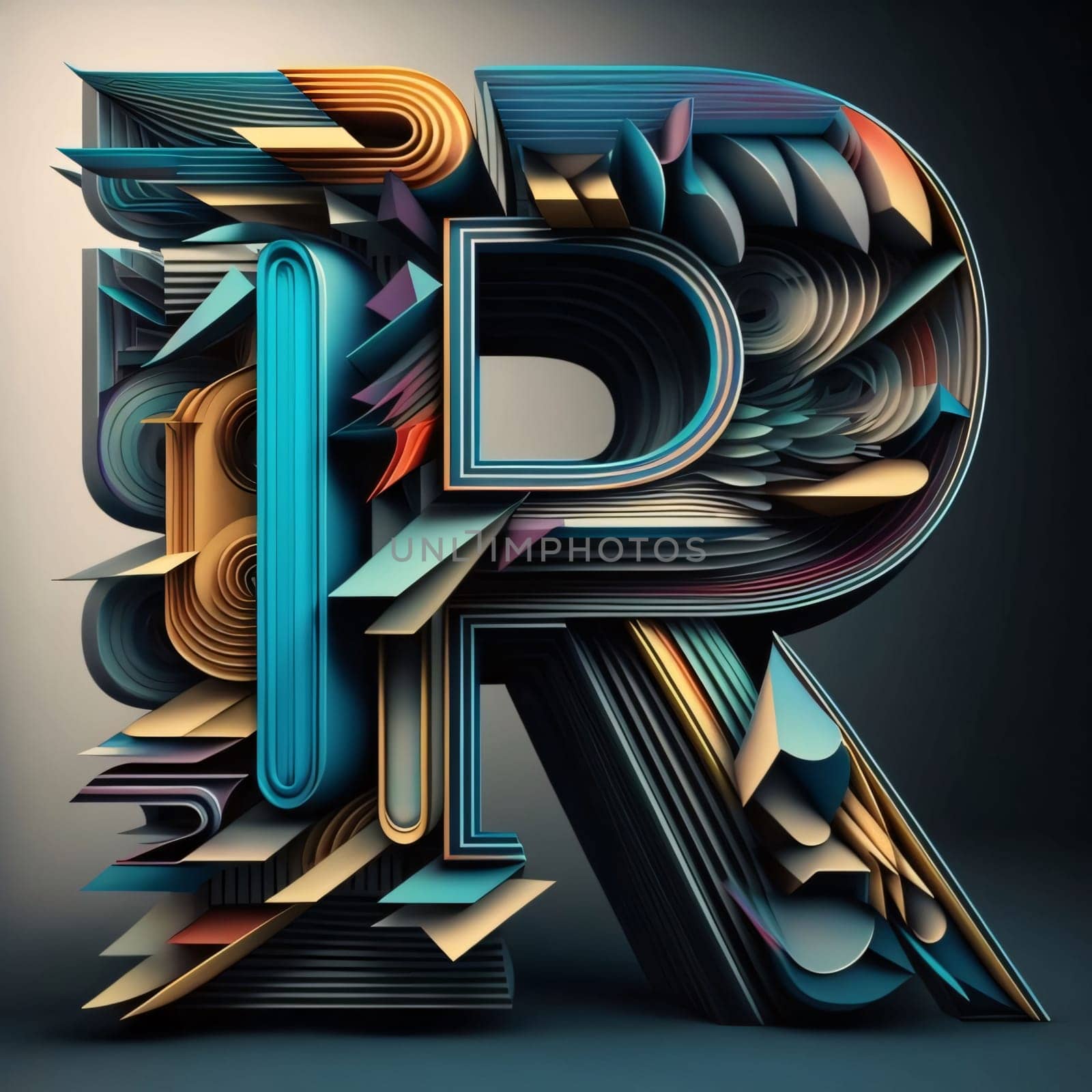 Graphic alphabet letters: 3D render, 3D illustration, letter R. Geometric abstract background.