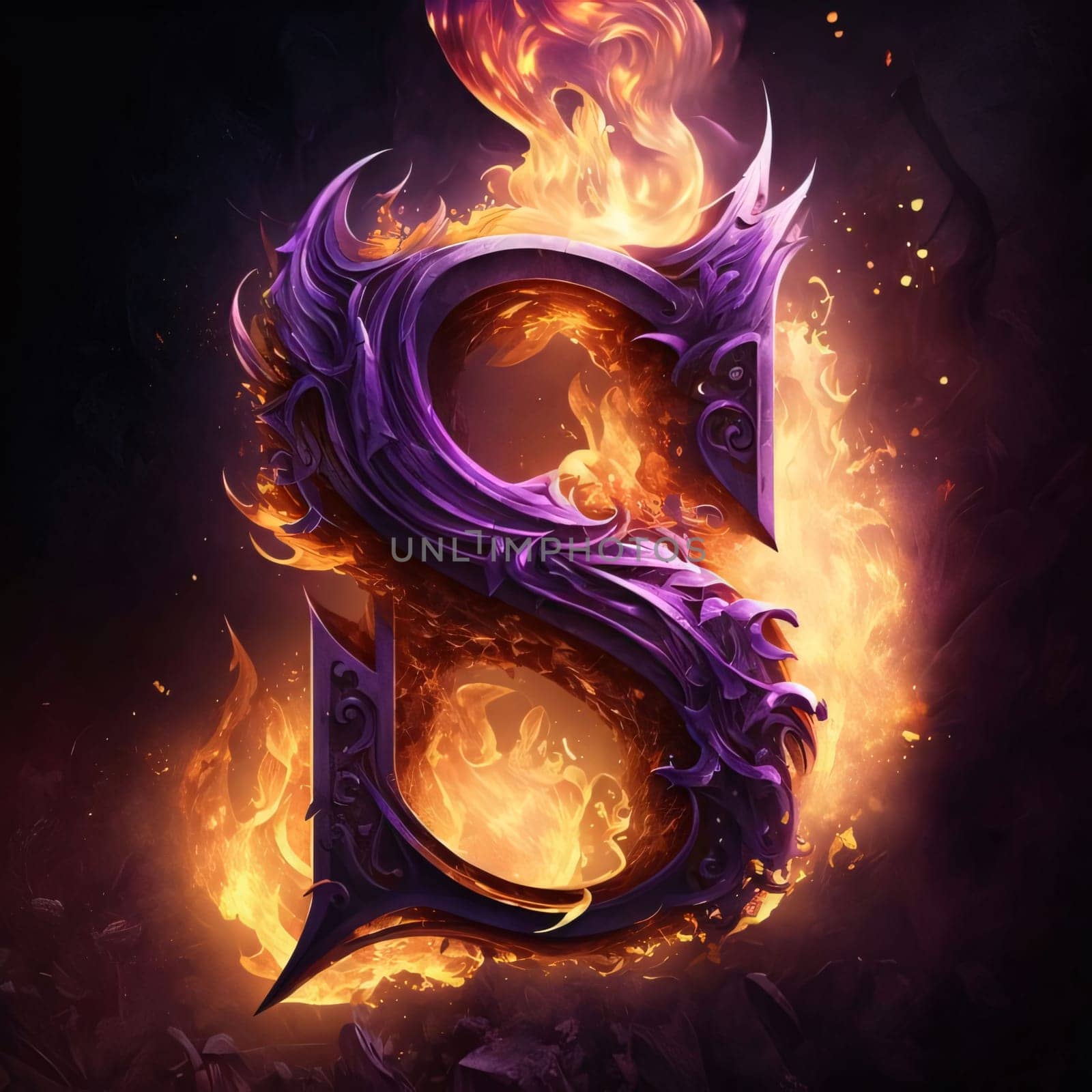 Graphic alphabet letters: Burning letter S in the form of a stylized dragon.