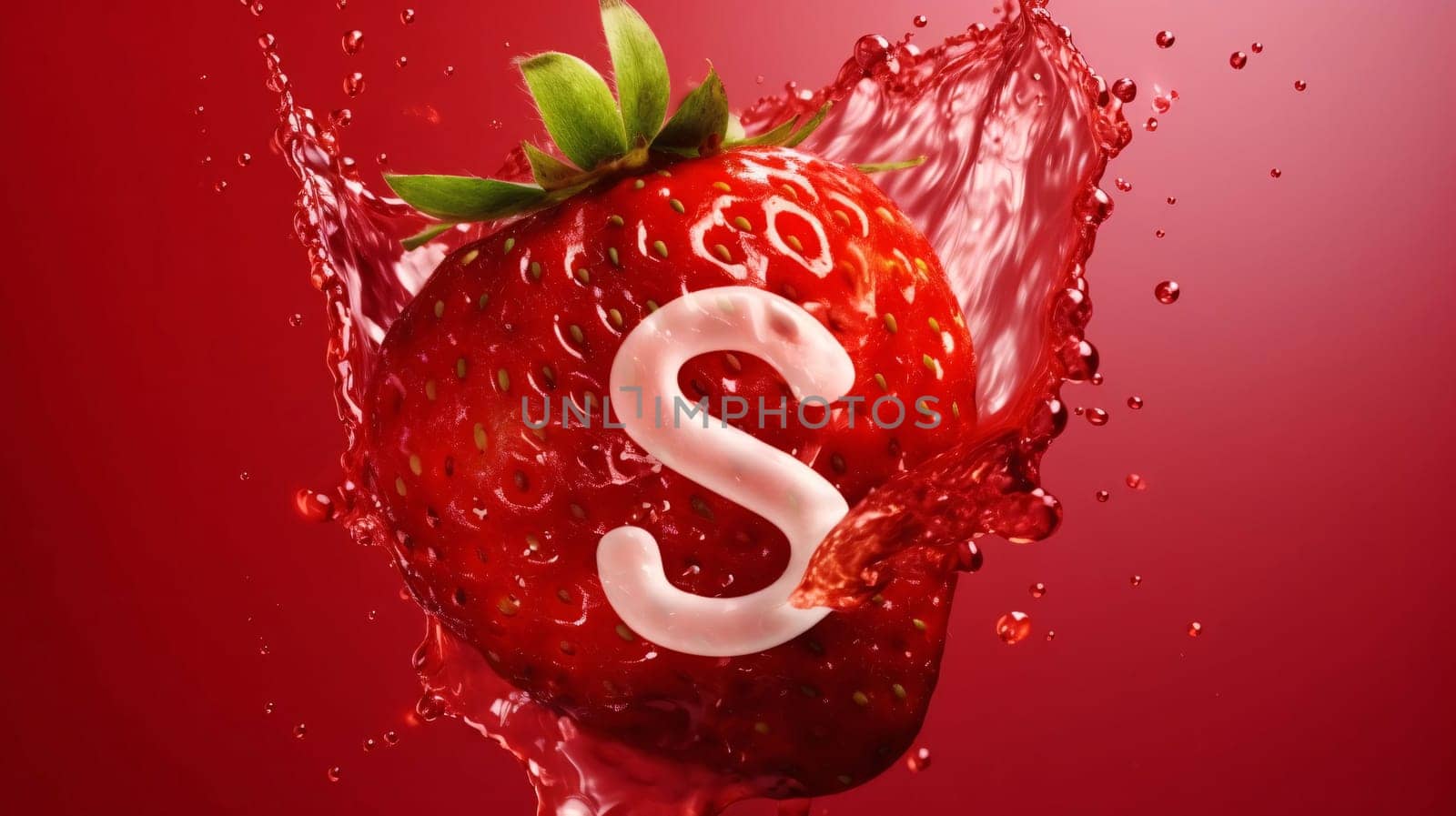 Graphic alphabet letters: strawberry with letter s in water splash, 3d illustration