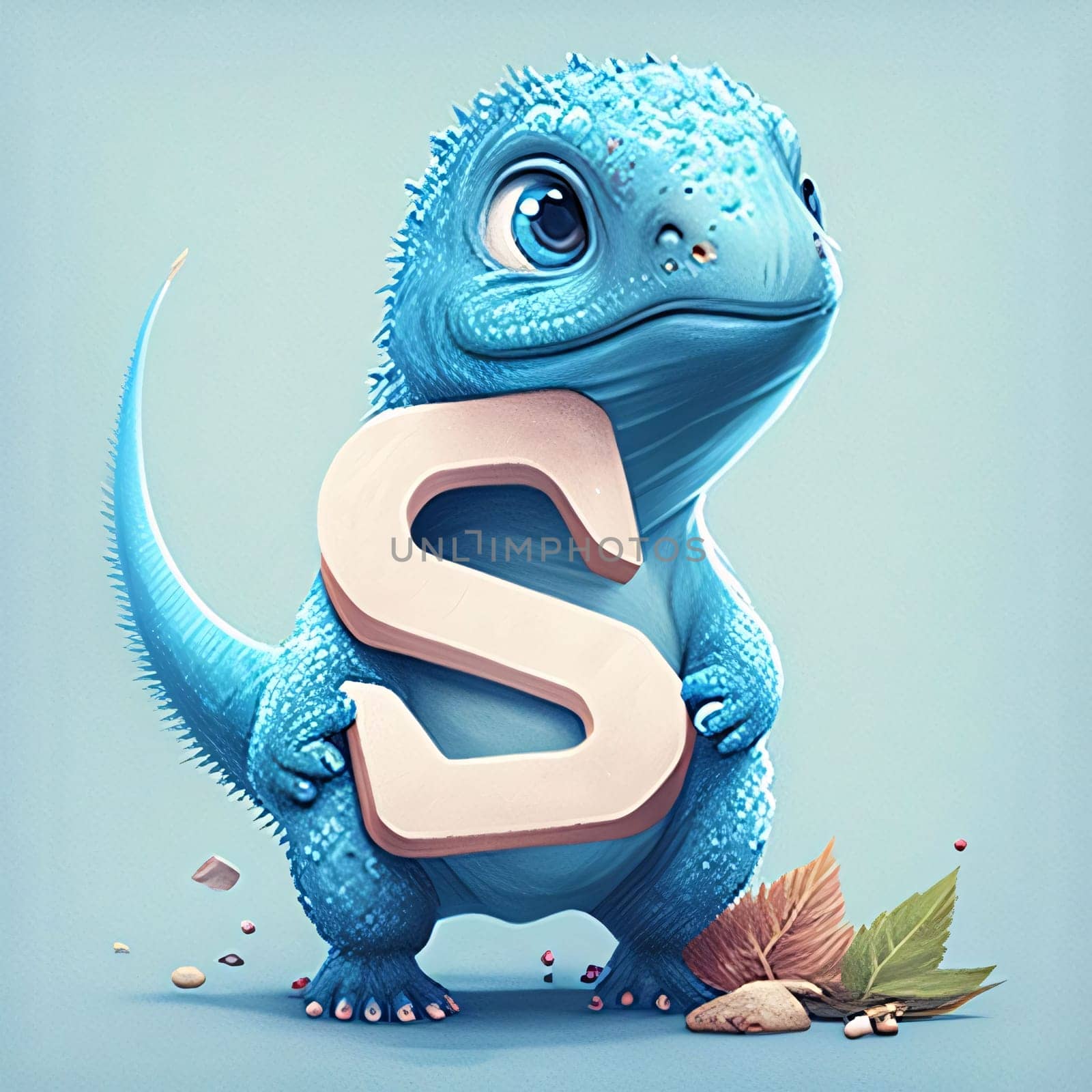 Graphic alphabet letters: Cute little dinosaur with letter S. Kids alphabet. 3D rendering