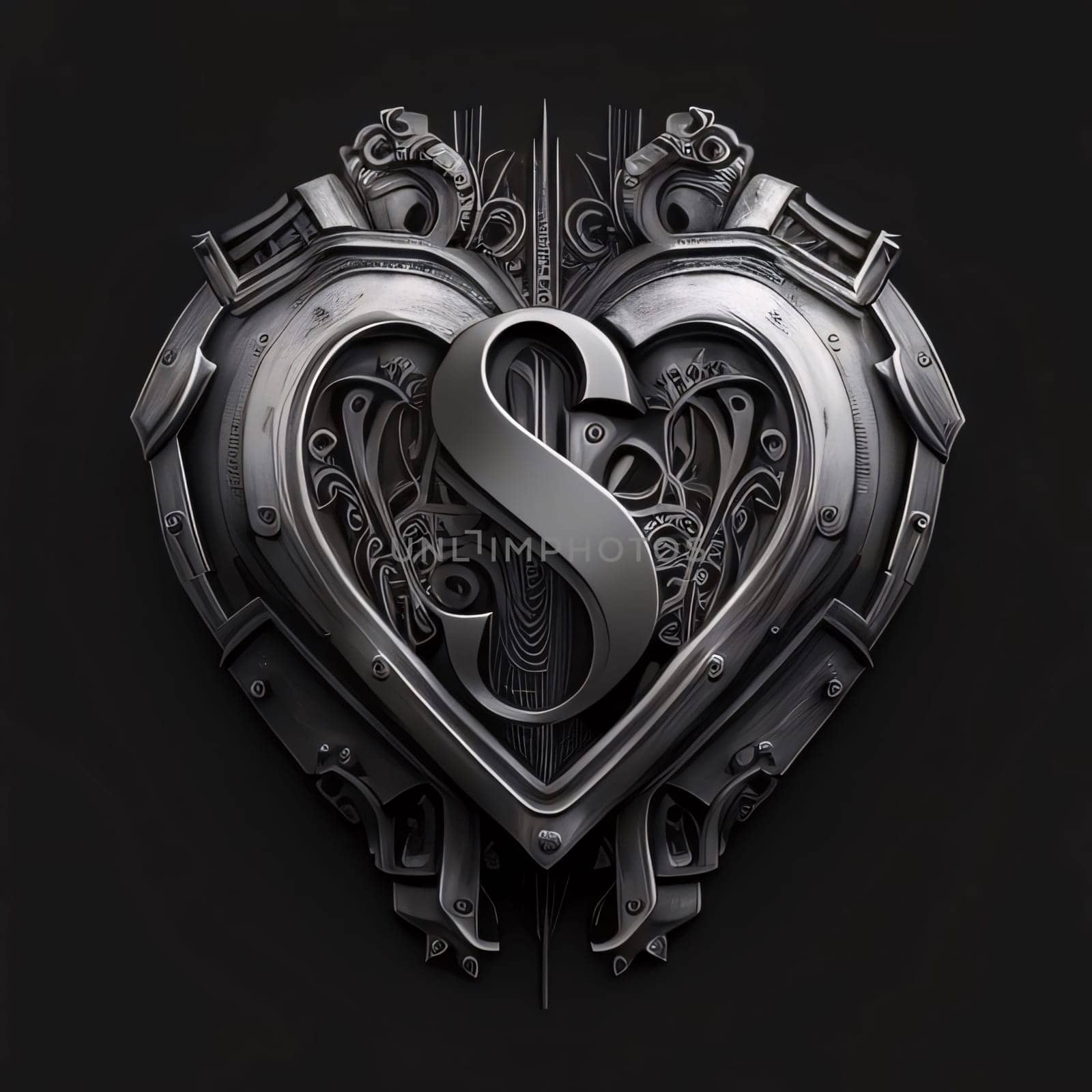 Metal heart with letter S in the center. 3D rendering. by ThemesS