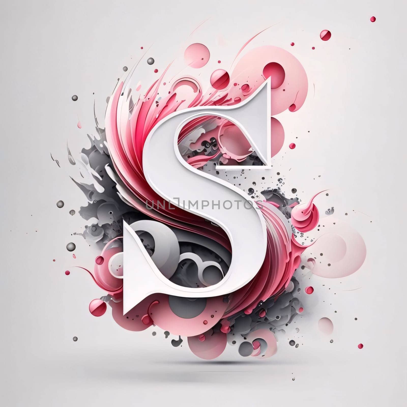 Graphic alphabet letters: 3d letter S on abstract watercolor background. Vector illustration.