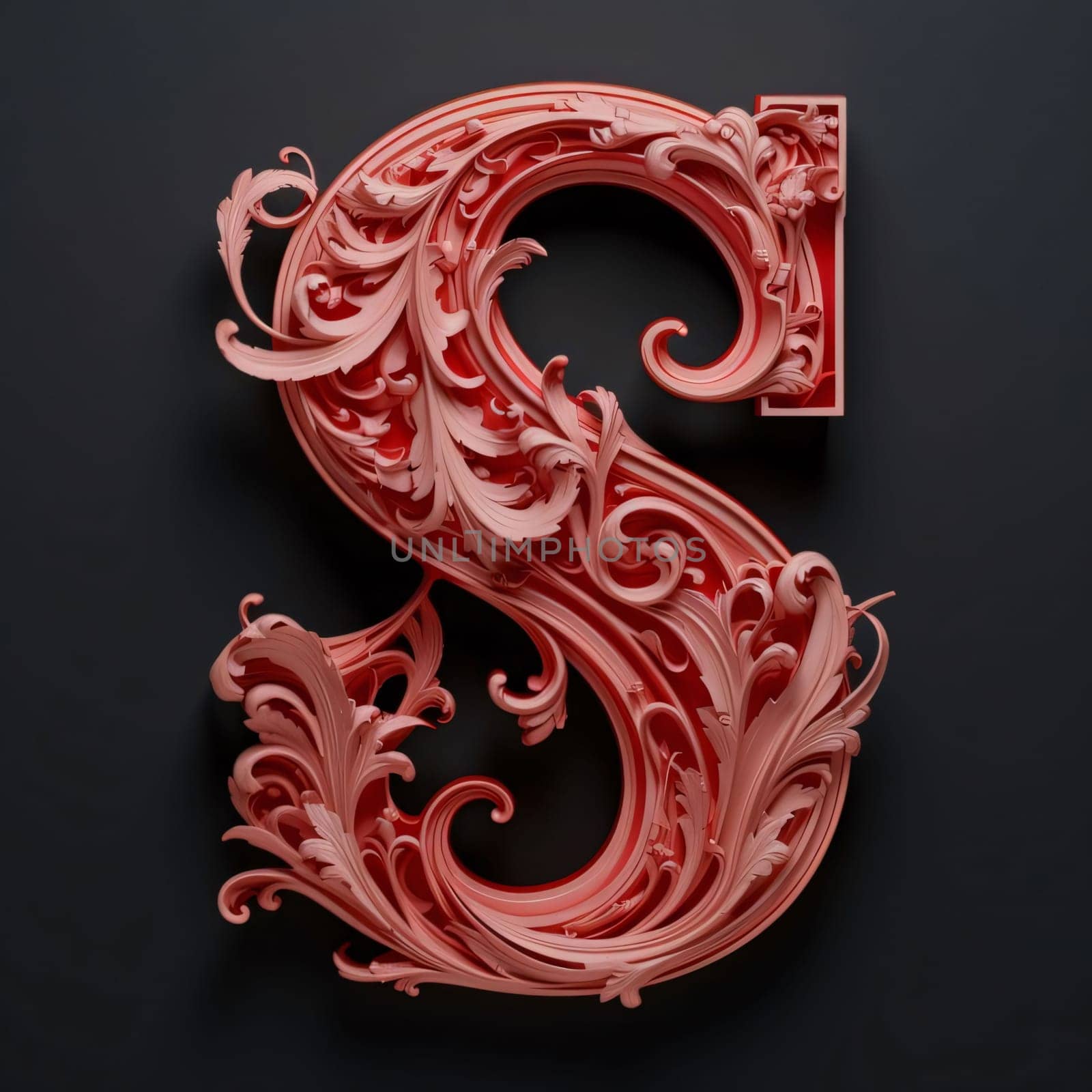 3d render of decorative capital letter S made of red wood on black background by ThemesS