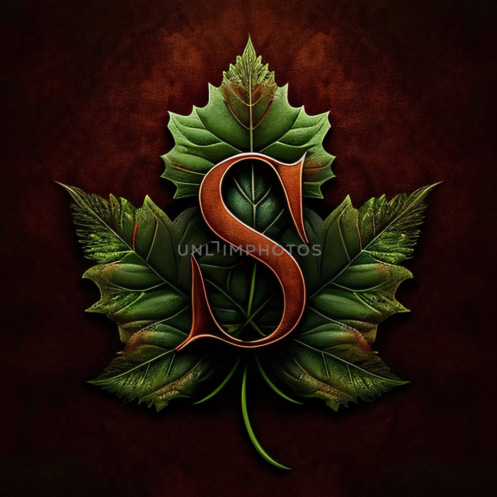 Letter S with green leaves on dark background. 3d illustration. by ThemesS
