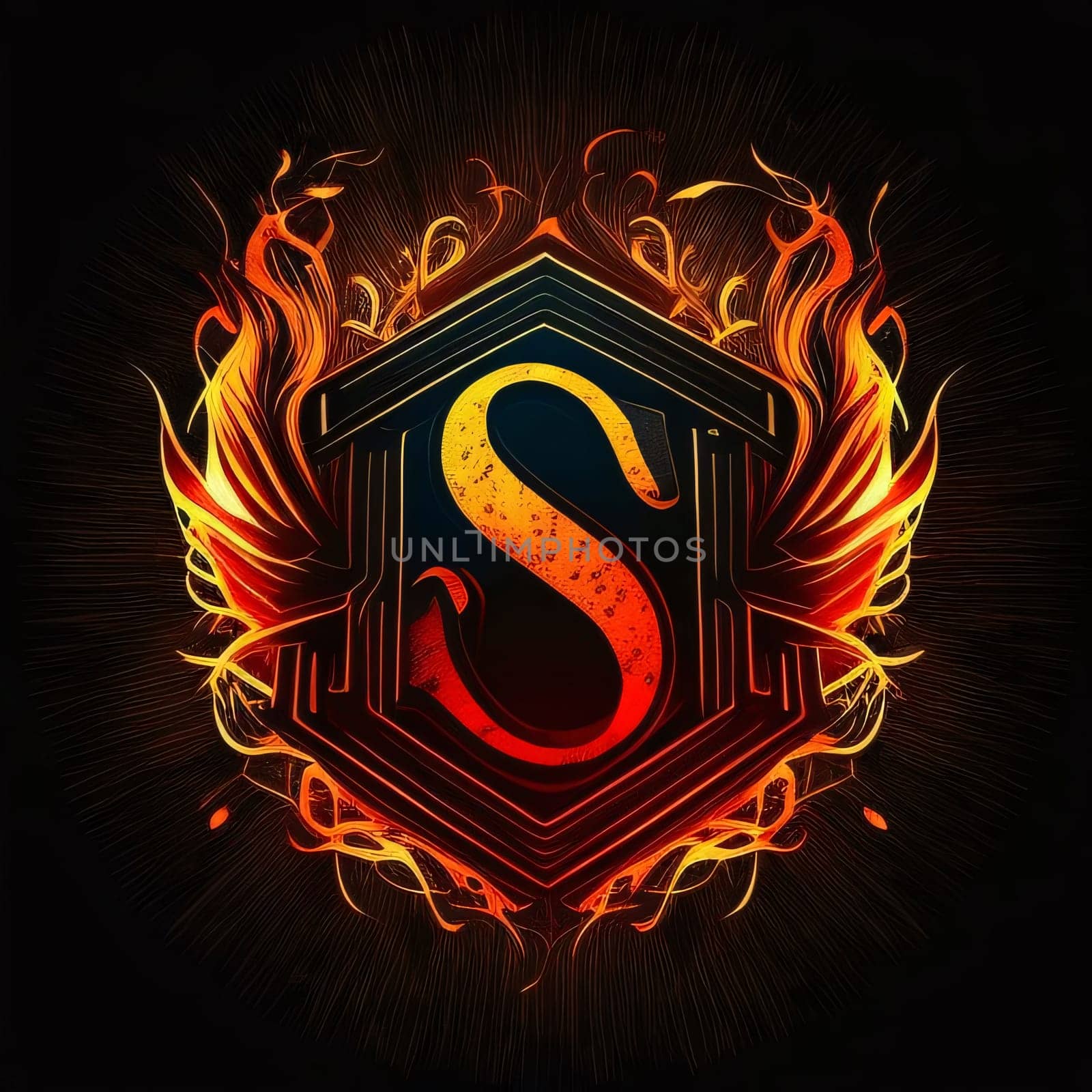 Shield with letter S made of fire flames on black background. Vector illustration. by ThemesS