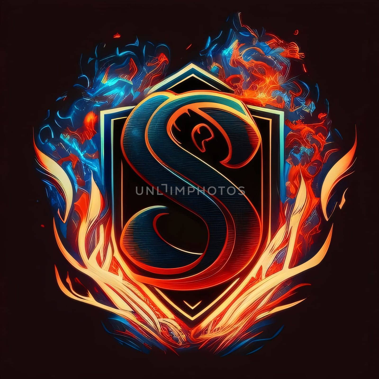 Graphic alphabet letters: S letter in the form of a shield with fire flames. Vector illustration.