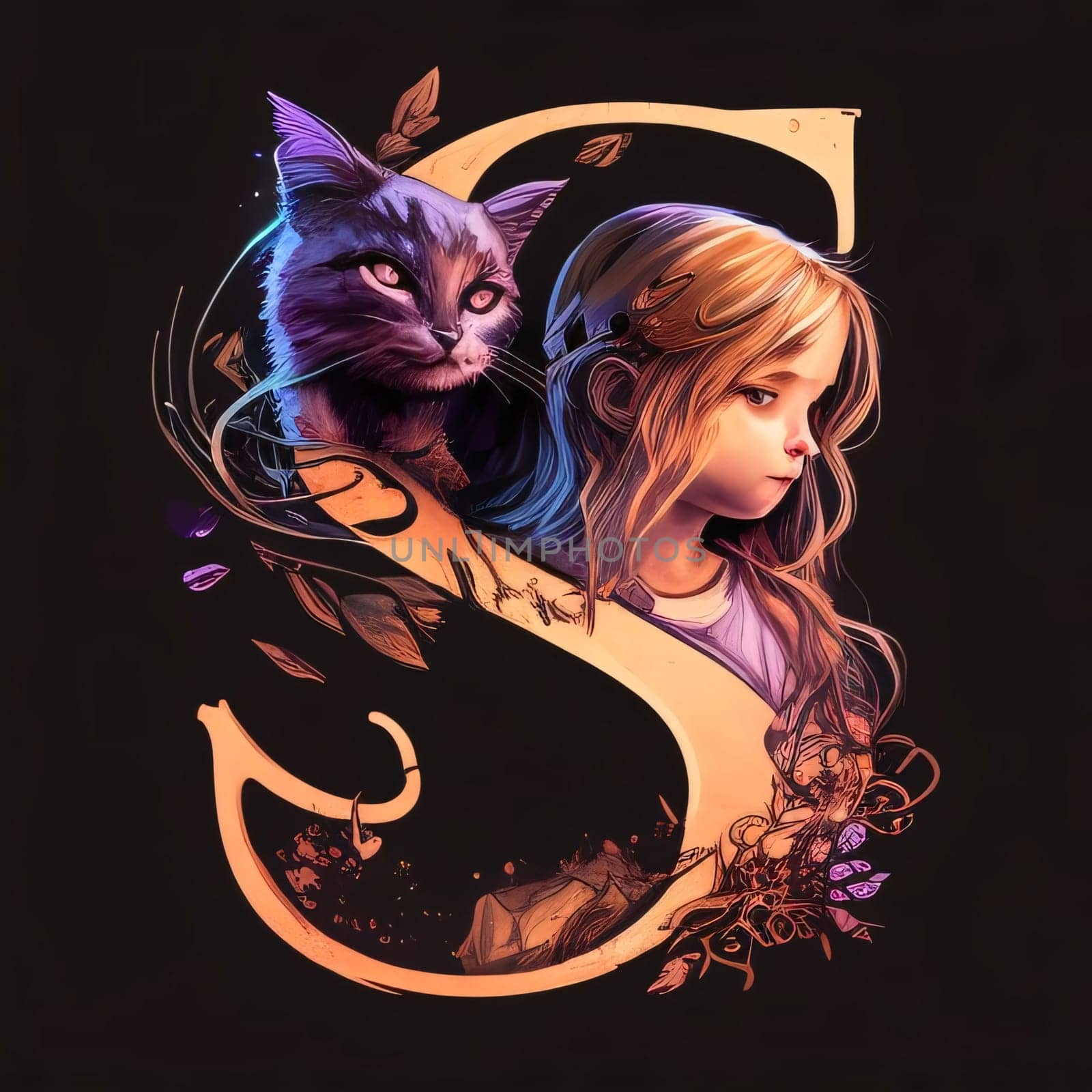 Beautiful girl with cat on a black background. Vector illustration. letter S by ThemesS