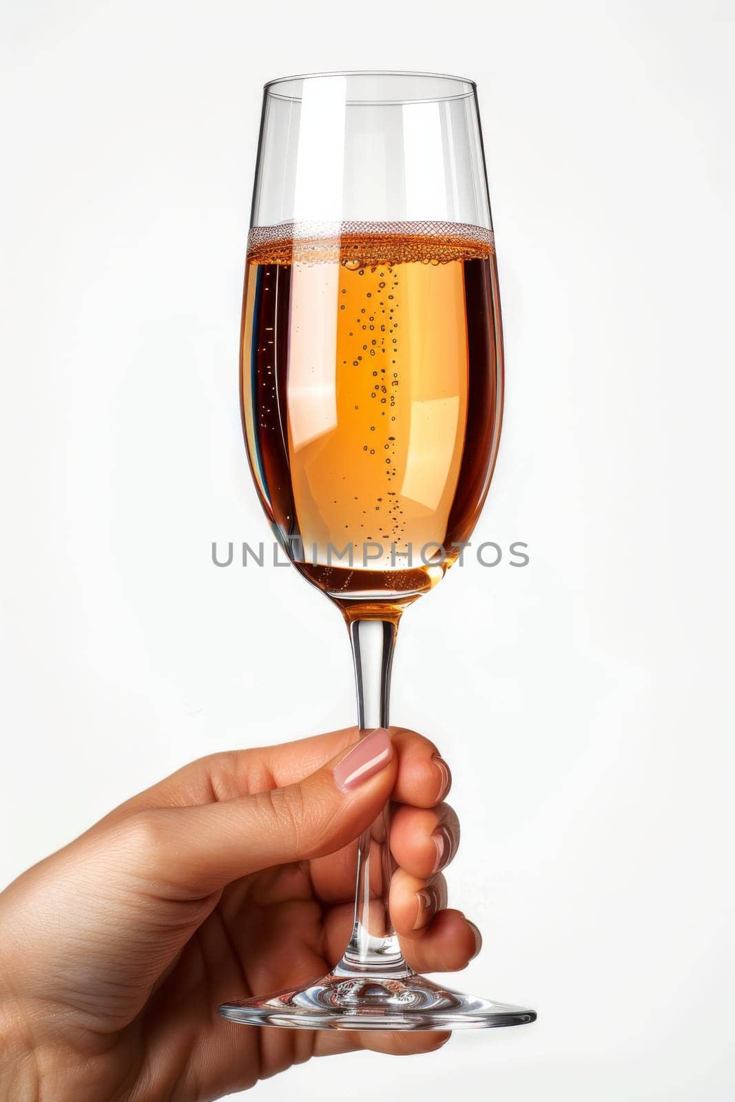 A hand holding a glass of champagne. The glass is half full and the bubbles are rising to the top. Concept of celebration and enjoyment