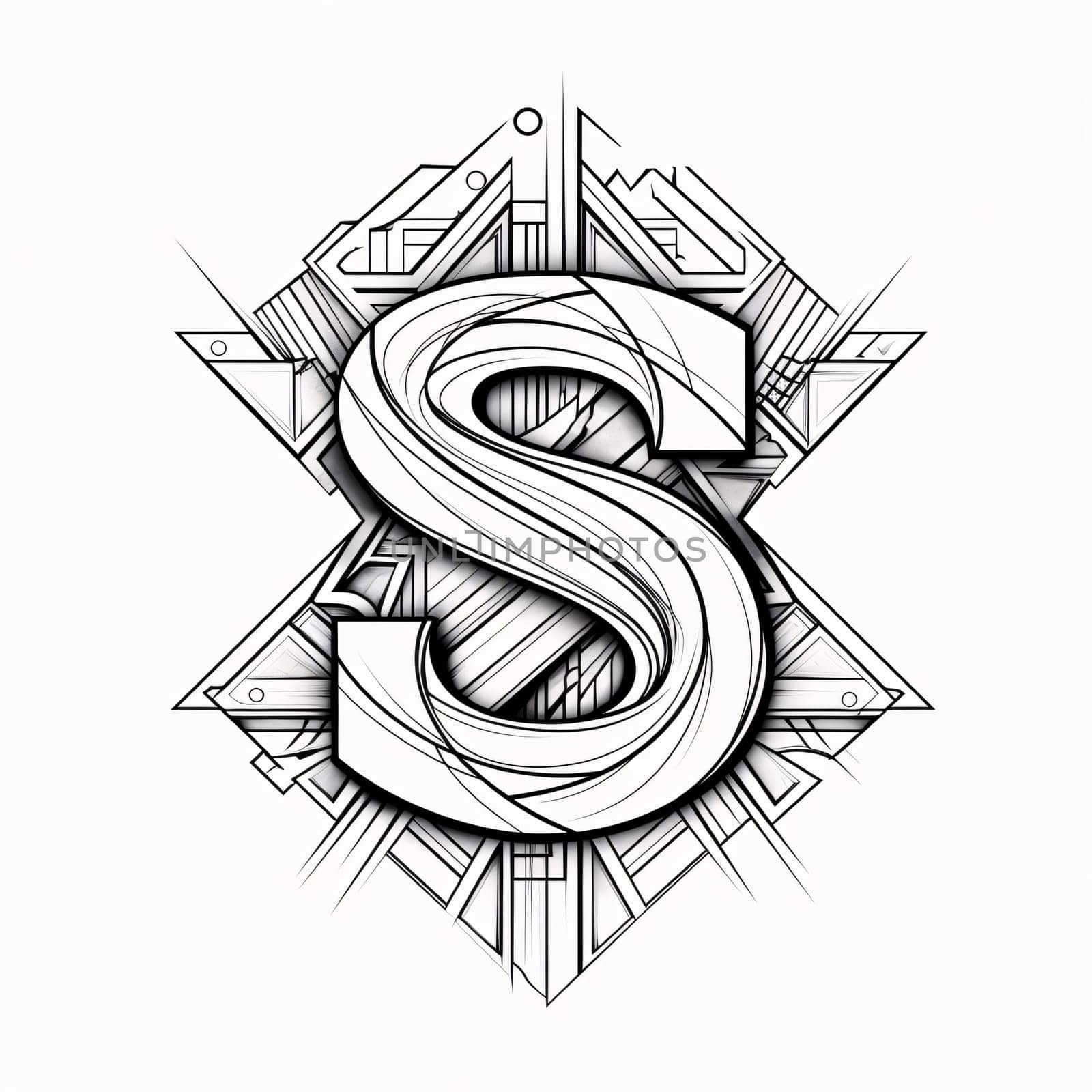 Graphic alphabet letters: Letter S with decorative elements. Vector illustration. Tattoo design.