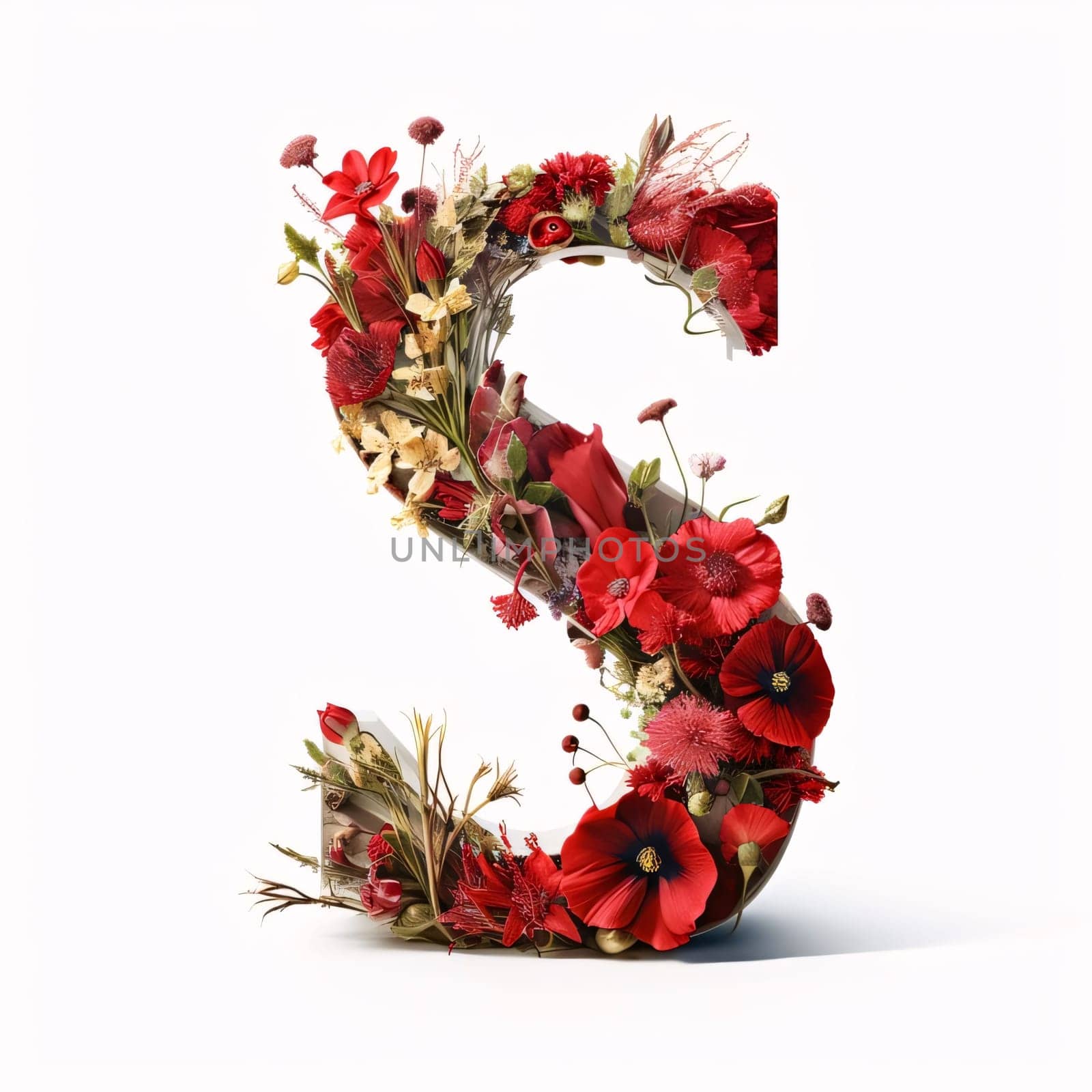 Graphic alphabet letters: letter S made of red flowers isolated on white background. 3D illustration.