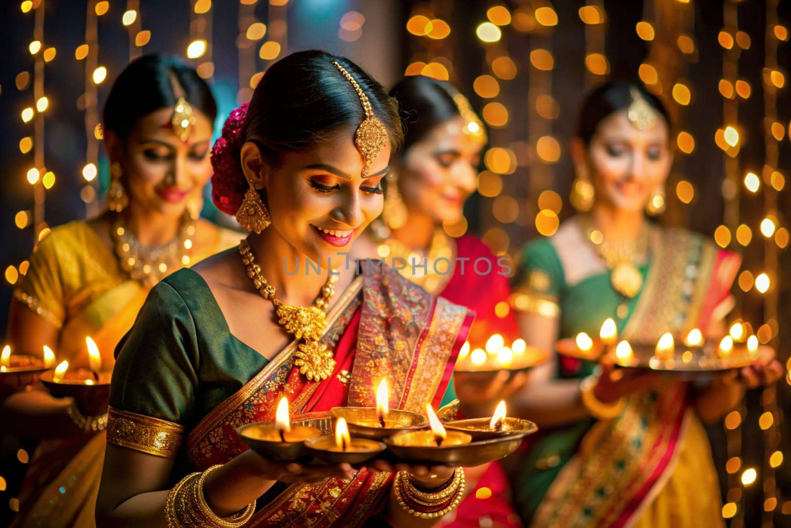 Happy young Indian women holding diya lamps on decorated flower rangoli for Diwali festival celebration. Ai generated by alenamoore