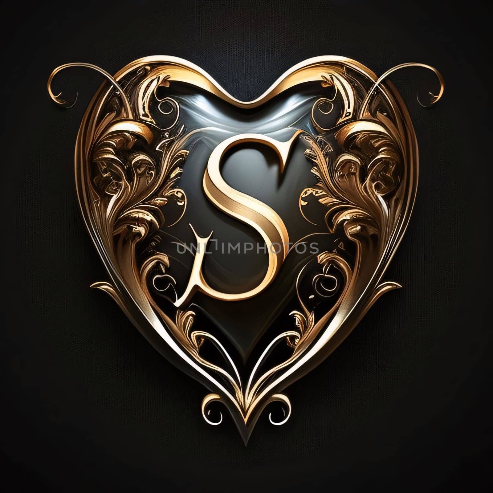 Graphic alphabet letters: Luxury golden letter S in the shape of a heart with ornament