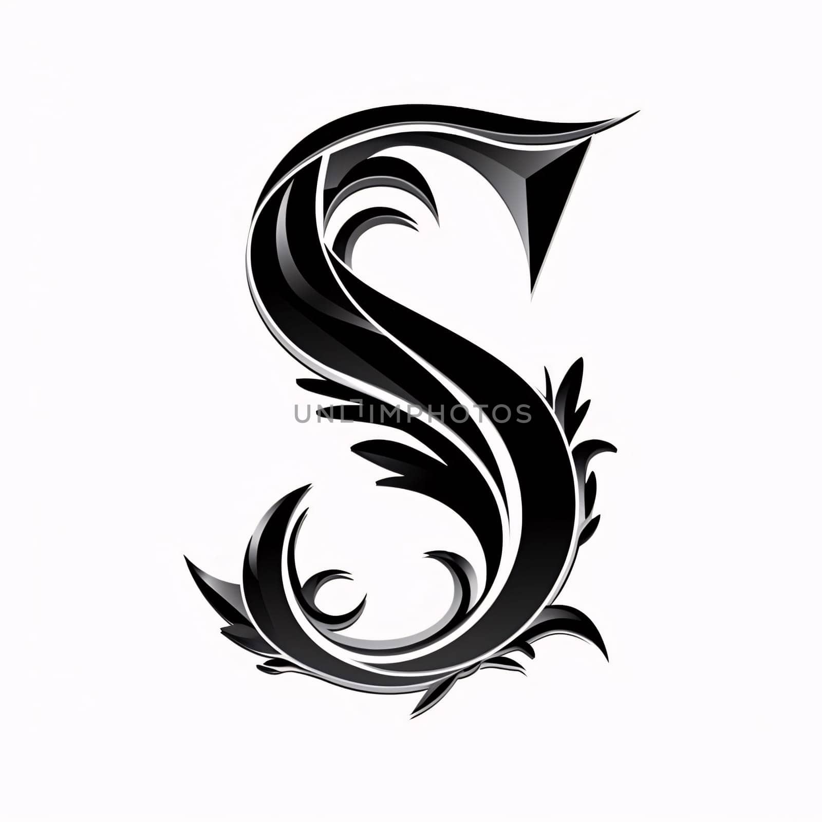 Graphic alphabet letters: decorative letter S in black and silver colors on a white background
