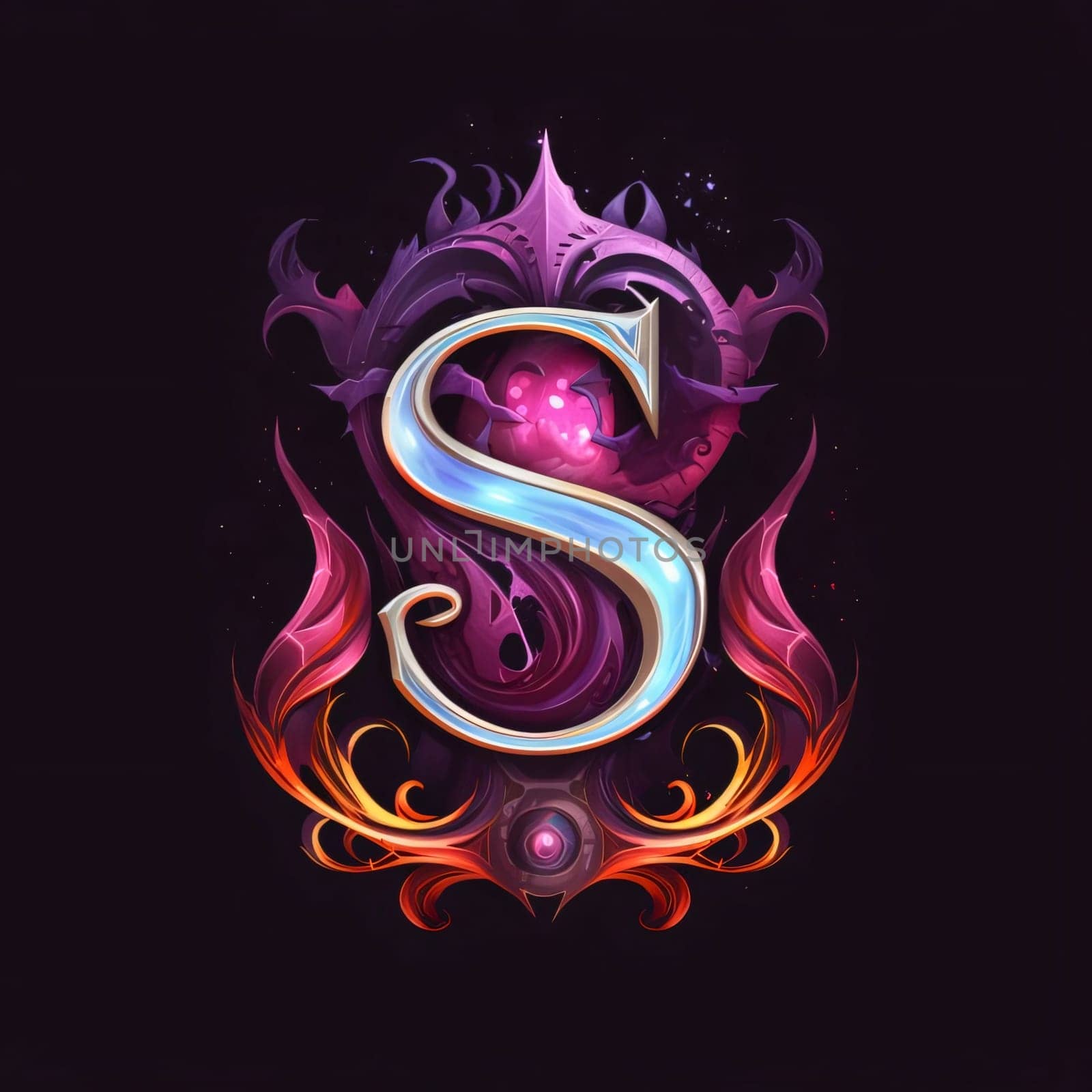 Graphic alphabet letters: Colorful letter S with ornament on black background. Vector illustration.