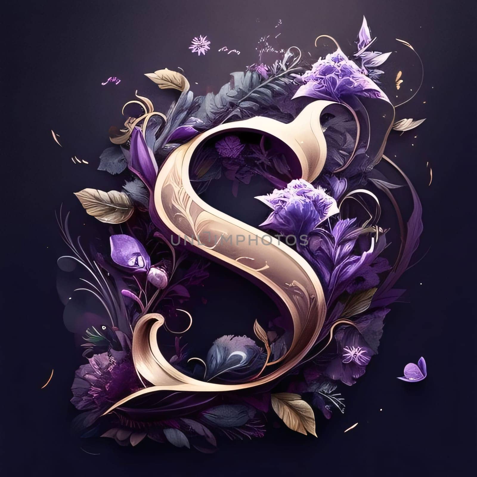 Graphic alphabet letters: Vintage floral letter S with flowers and leaves on dark background. 3d rendering