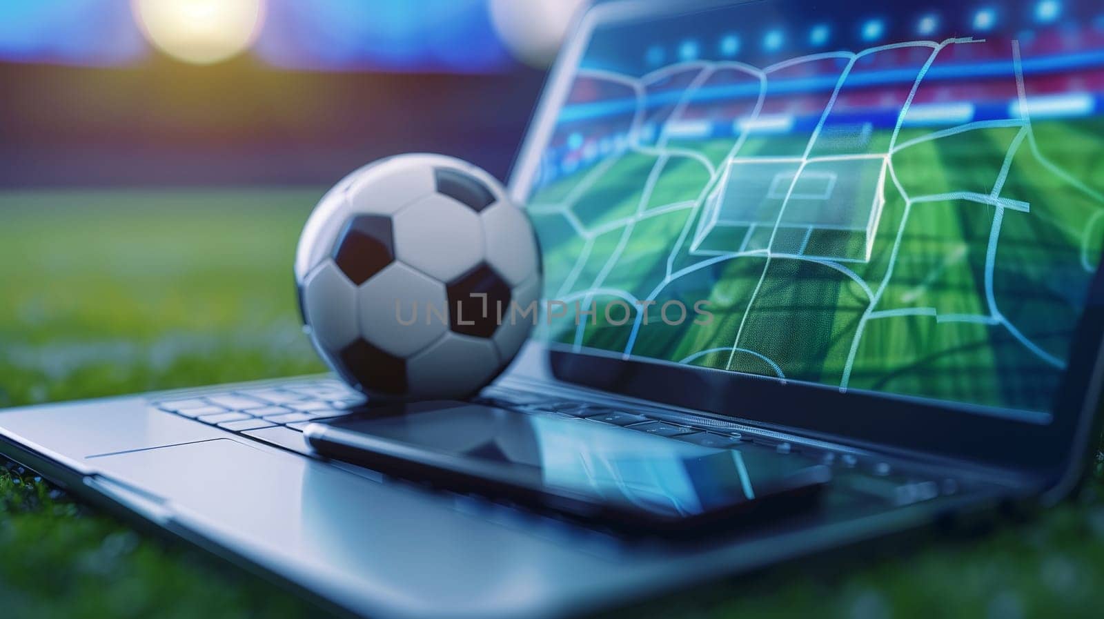 Interactive Sport Betting Online Banner with Soccer Theme on Mobile Phone and Laptop Display.