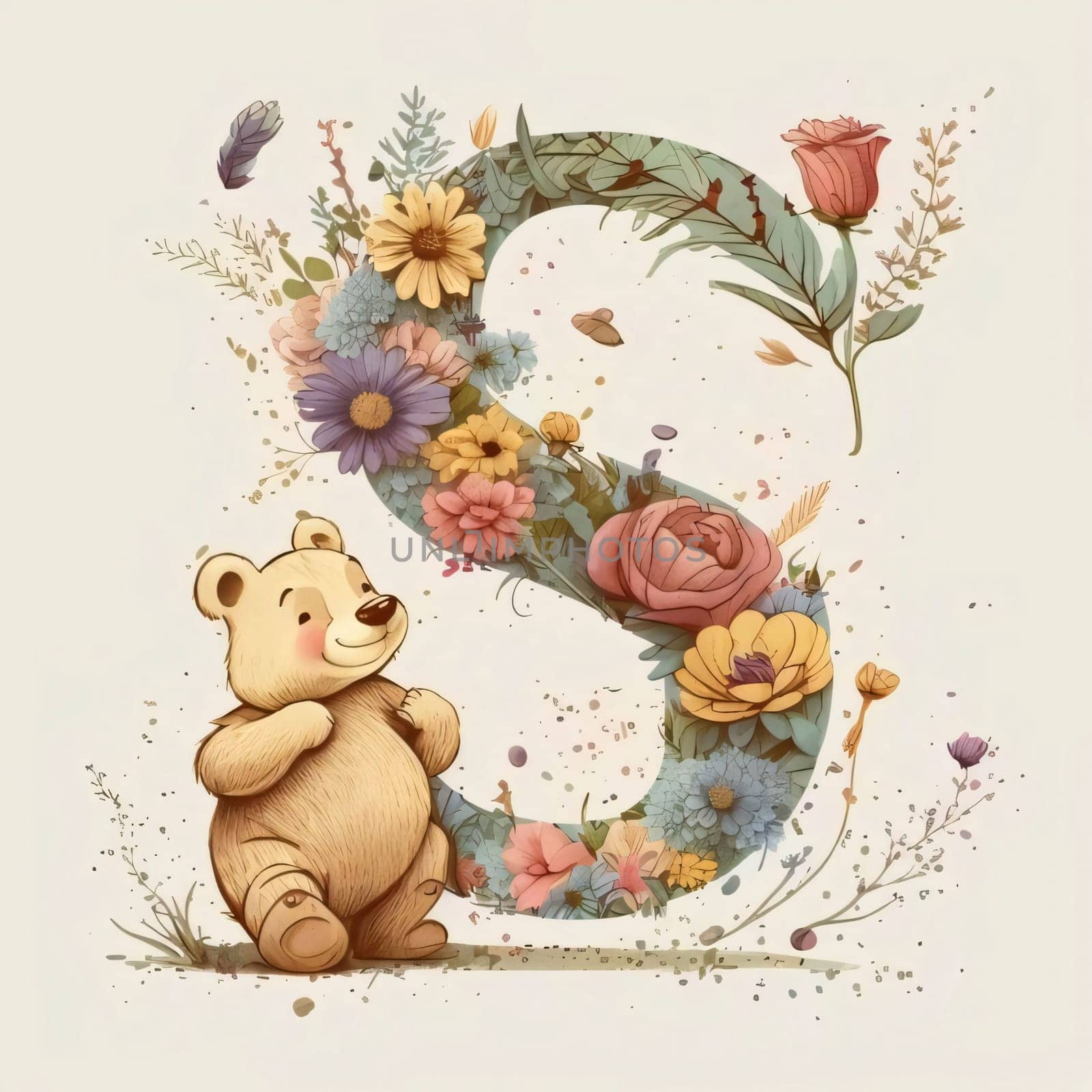 letter S with cute bear, flowers and leaves. Vector illustration. by ThemesS