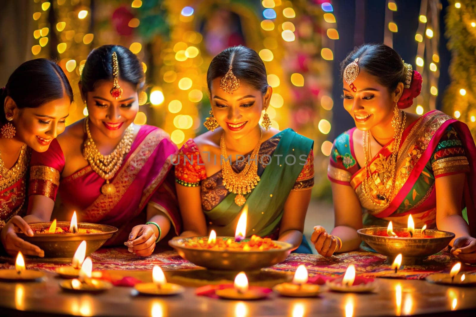 Pretty young Indian women placing diya lamps on decorated flower rangoli for Diwali festival celebration. Ai generated by alenamoore