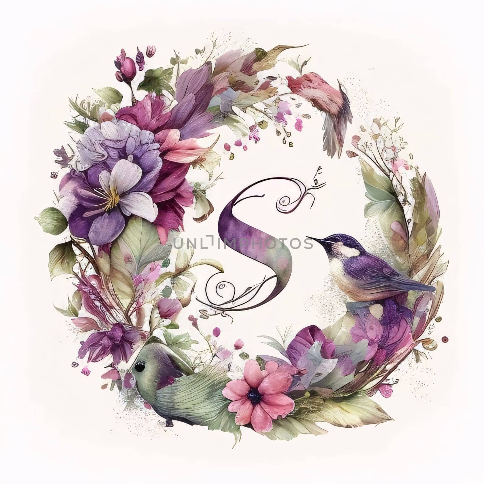 Graphic alphabet letters: Watercolor floral wreath with birds and flowers. Illustration.