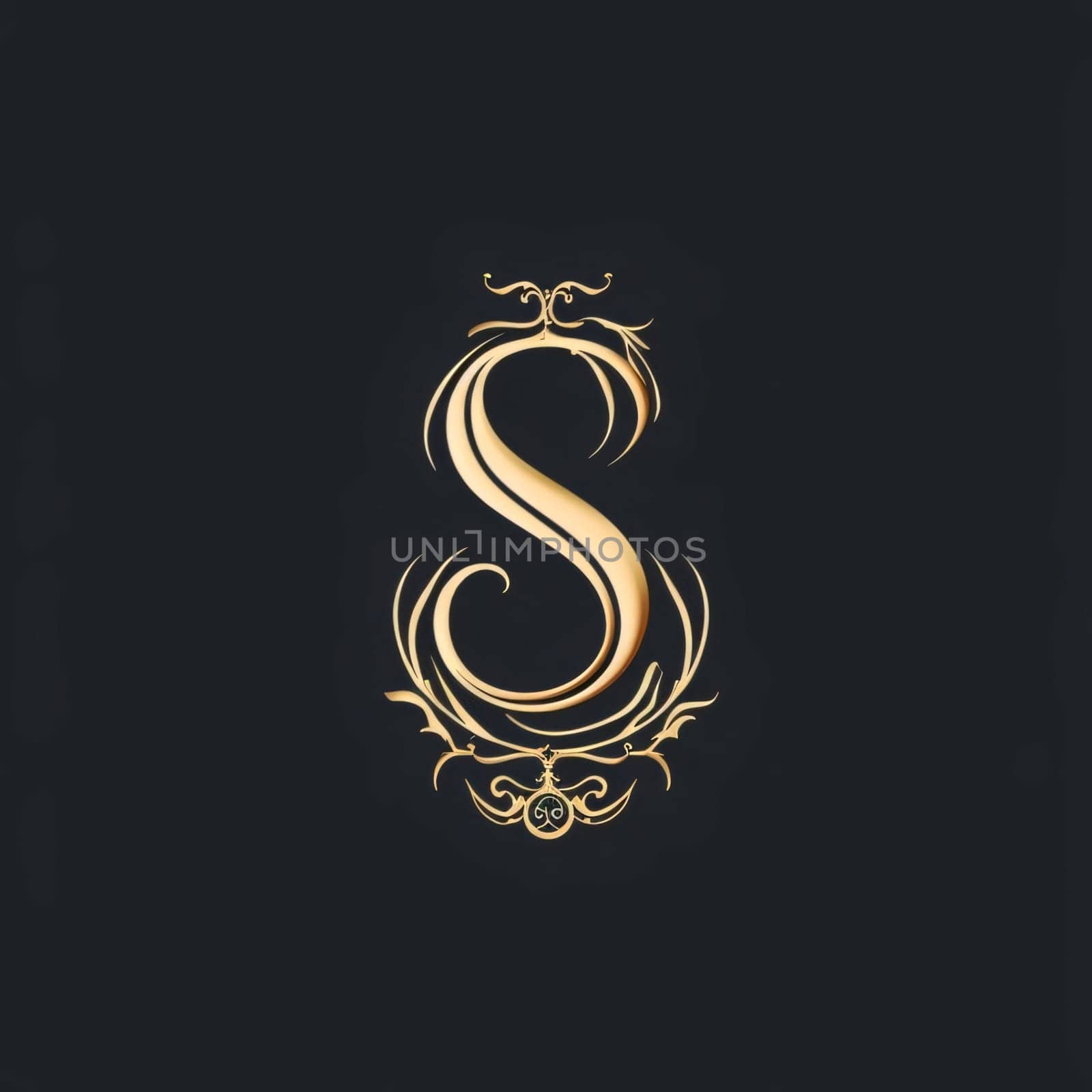 Graphic alphabet letters: Gold letter S. Luxury monogram. Calligraphic emblem for book design, brand name, business card, Restaurant, Boutique, Hotel.