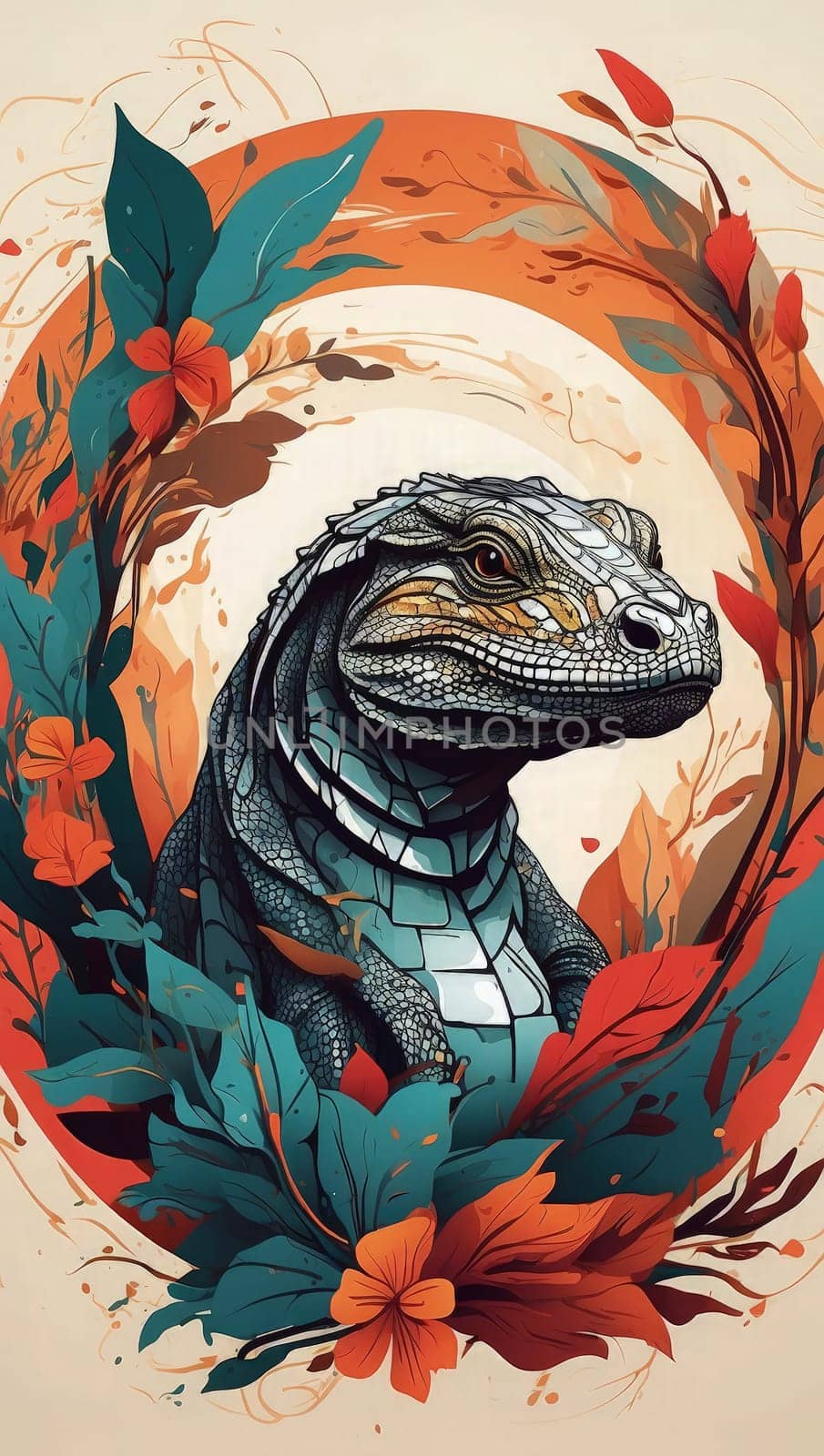 Illustration of a lizard in the forest with leaves and flowers. Generative AI.