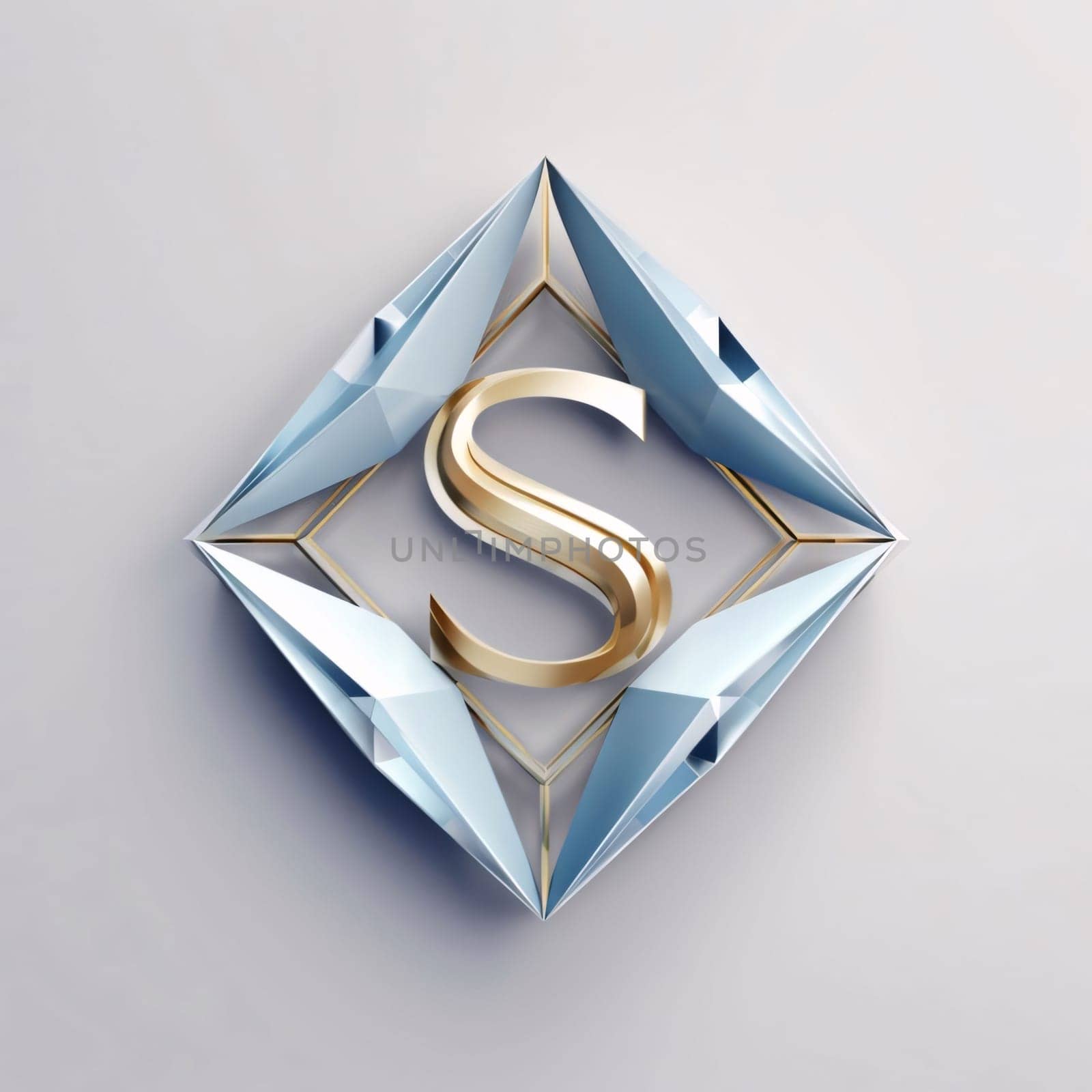 Graphic alphabet letters: 3d rendering of a blue diamond with golden letter S in it