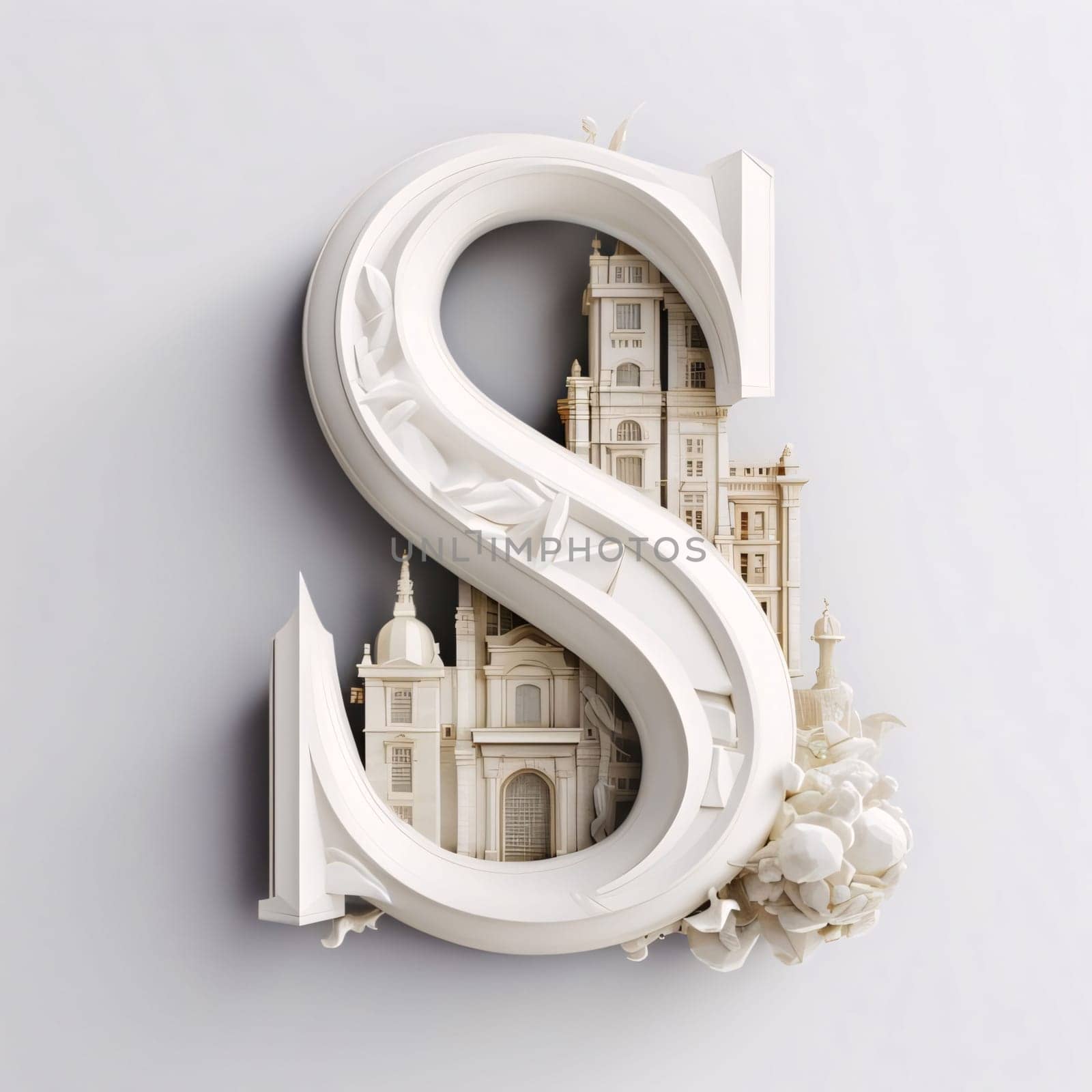 Letter S made of white stone with decorative elements. 3d rendering by ThemesS
