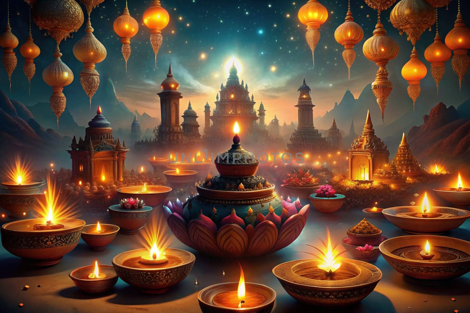 Deepak lights on dewali. Front view of traditional Indian oil lamps. Ai generated illustration