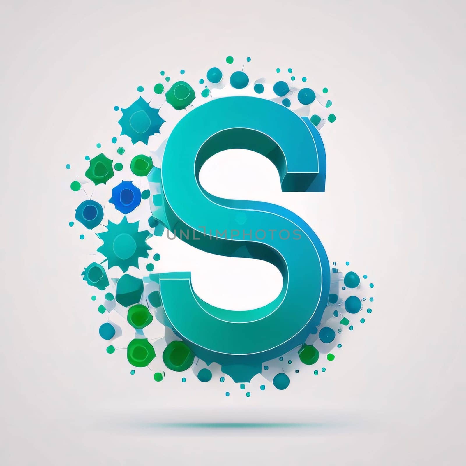 Graphic alphabet letters: 3d letter S, abstract 3d font with blue bubbles.