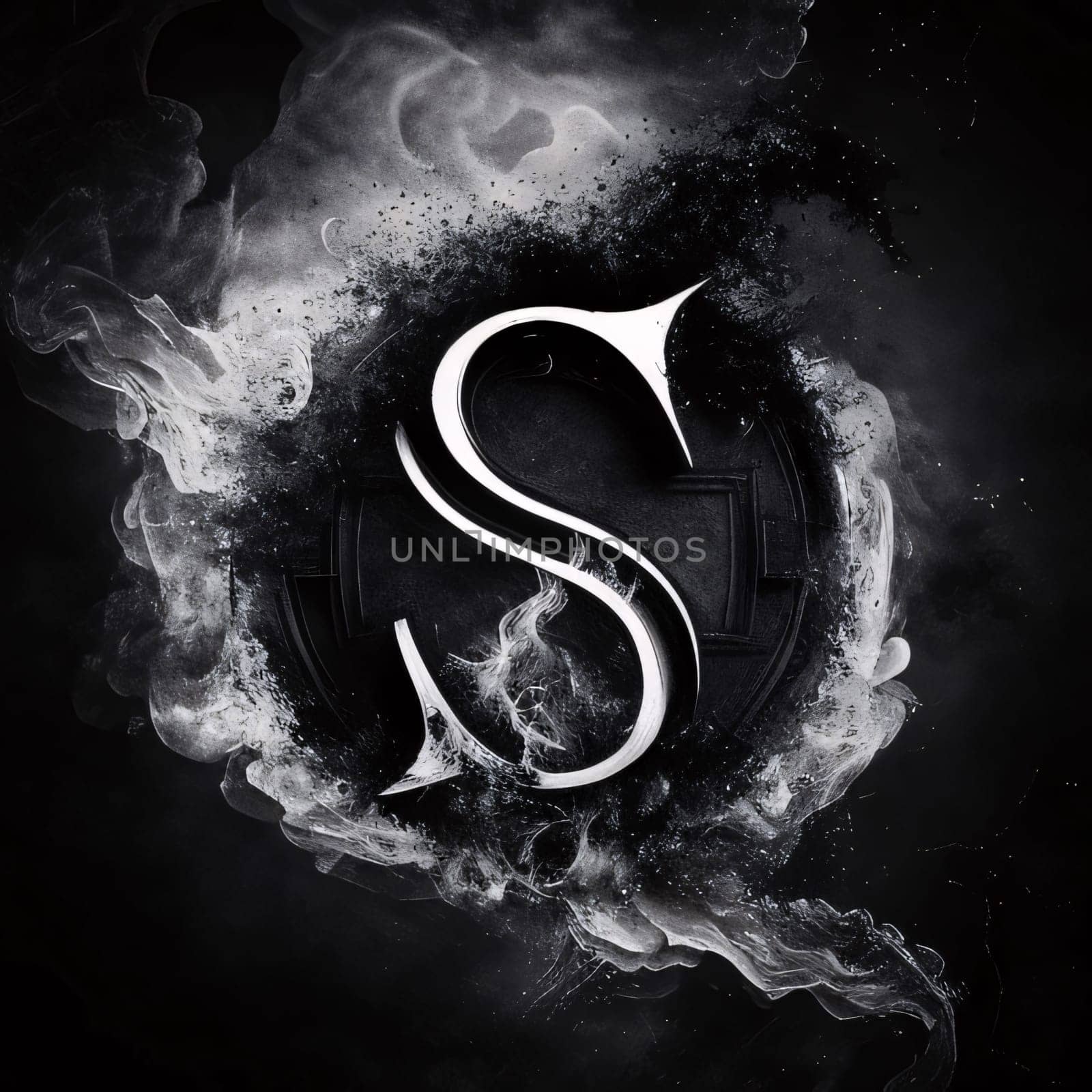 Graphic alphabet letters: The letter S in the form of a smoke on a black background