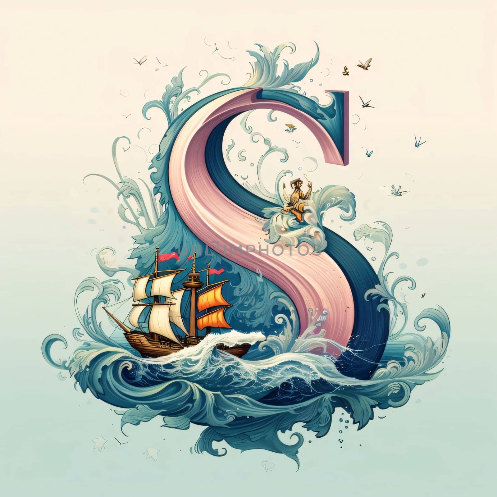 Graphic alphabet letters: Alphabet letter S with sailboat in the sea, vector illustration.