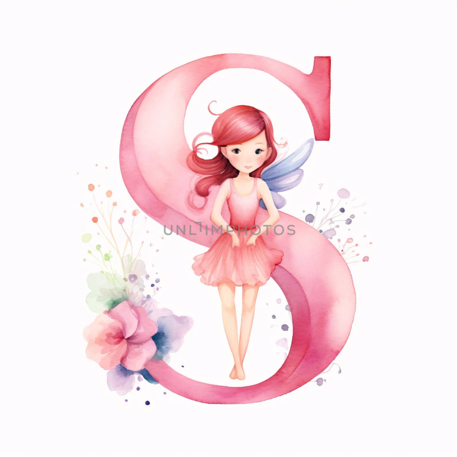 Graphic alphabet letters: Cute watercolor girl with flower and letter S. Vector illustration.