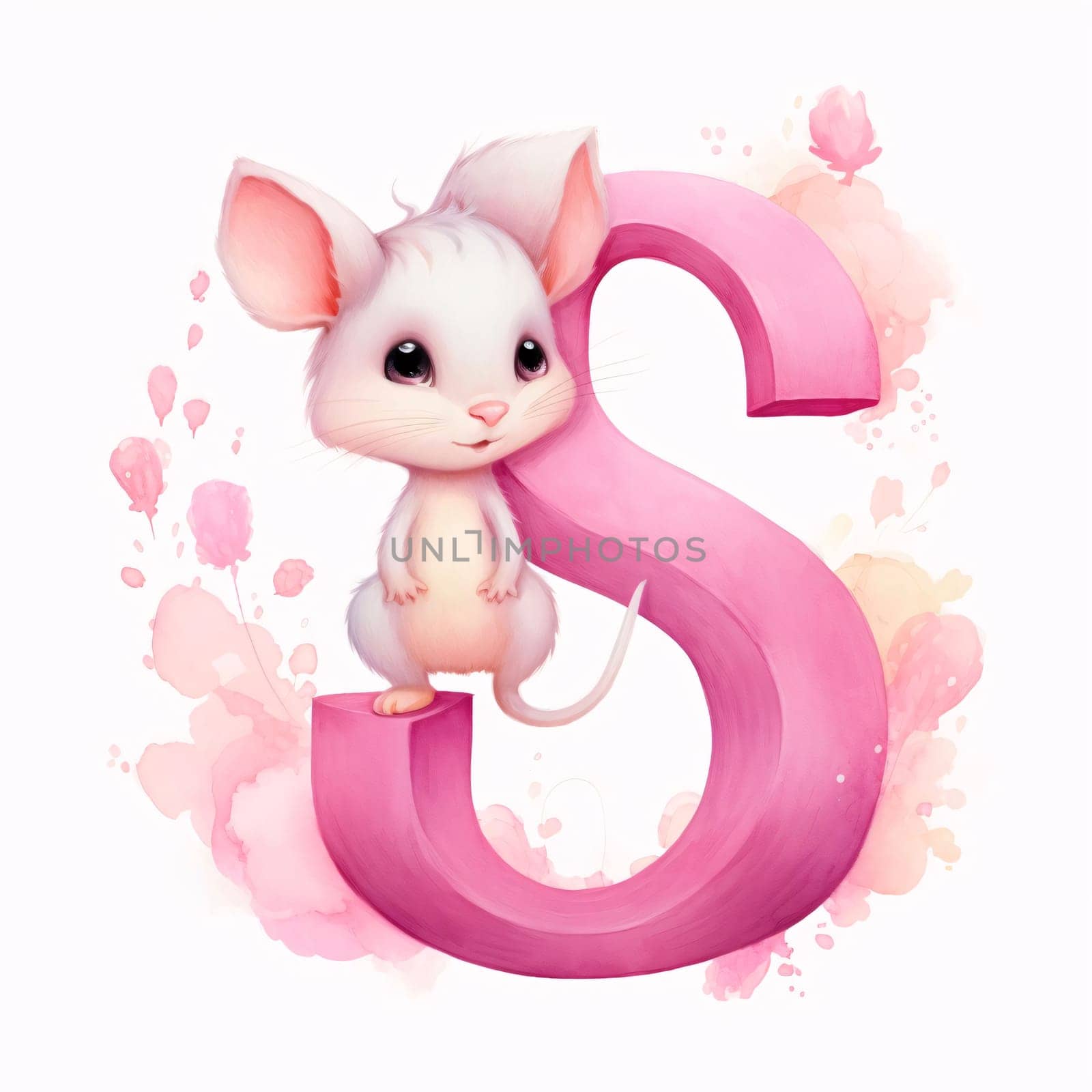 Graphic alphabet letters: Cute white mouse with pink letter S. Watercolor illustration.