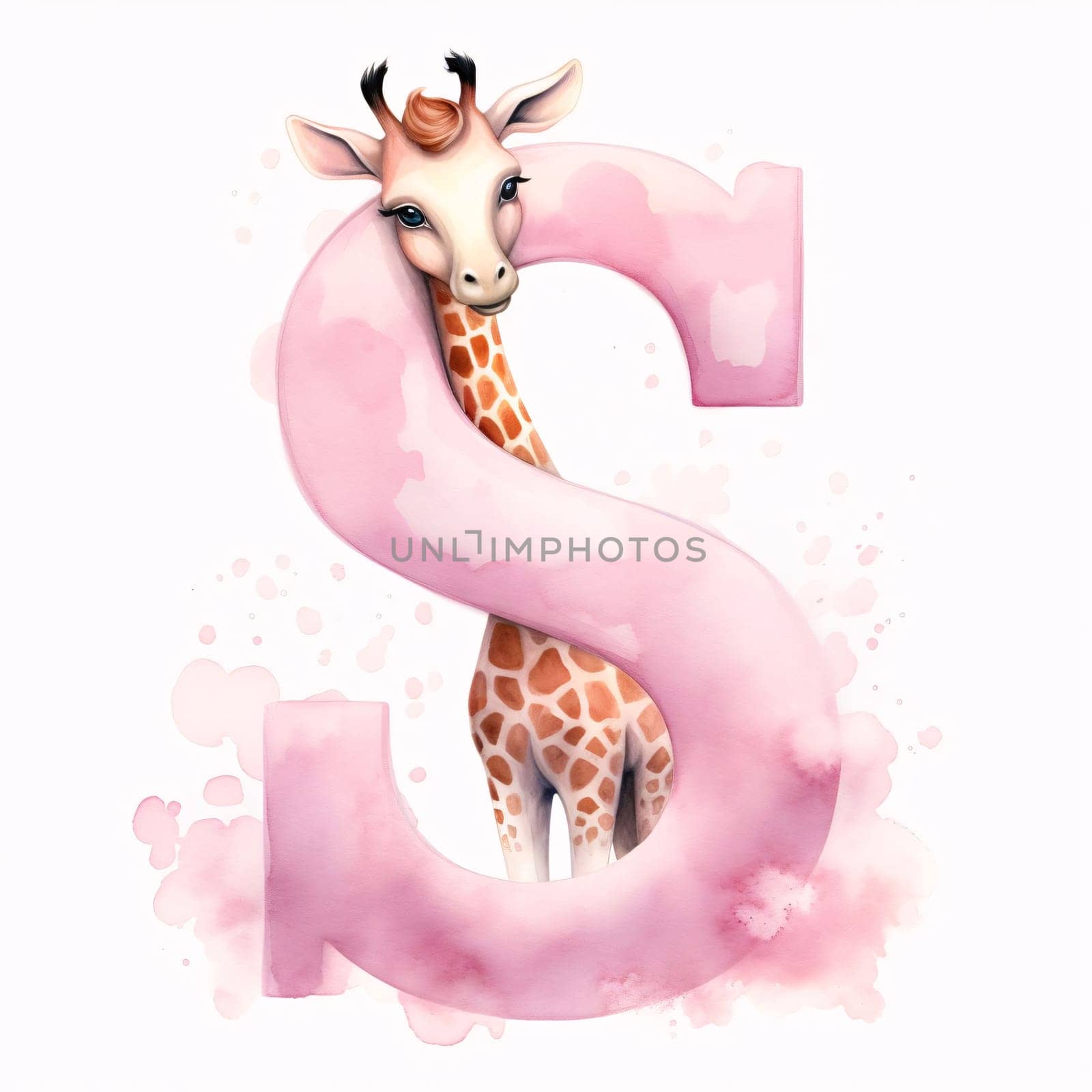 Cute giraffe with letter S - digital watercolor painting illustration by ThemesS