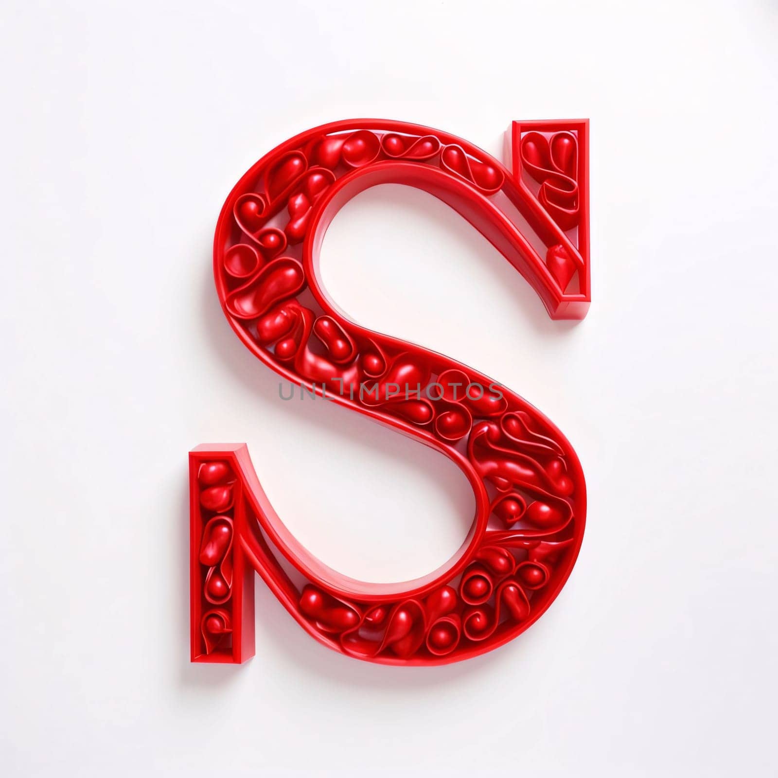 Alphabet letter S made of red plastic on white background. 3d rendering by ThemesS