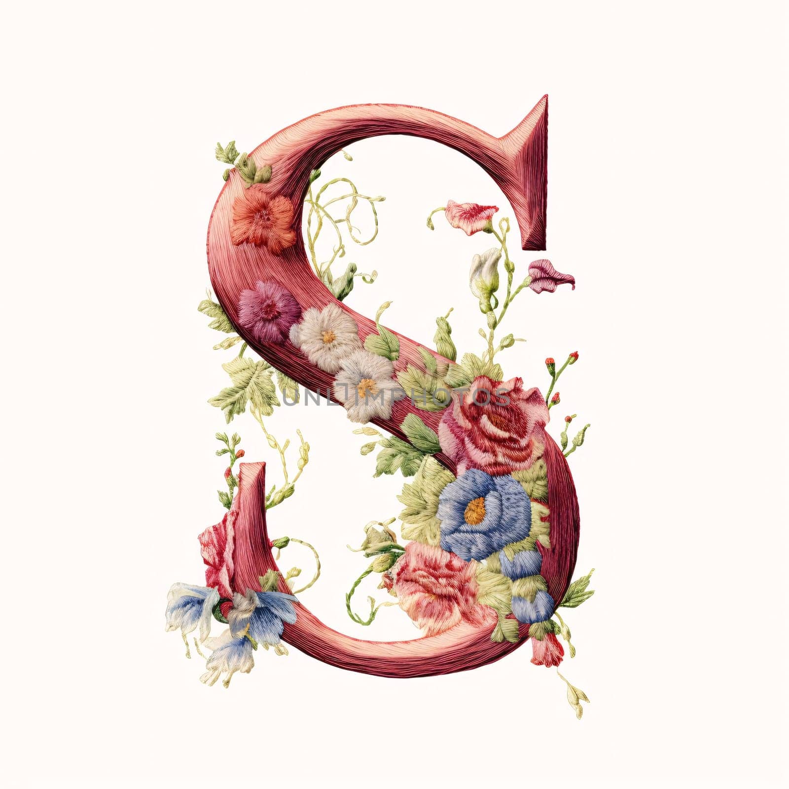 Watercolor floral alphabet. Letter S. Hand drawn flower font. by ThemesS