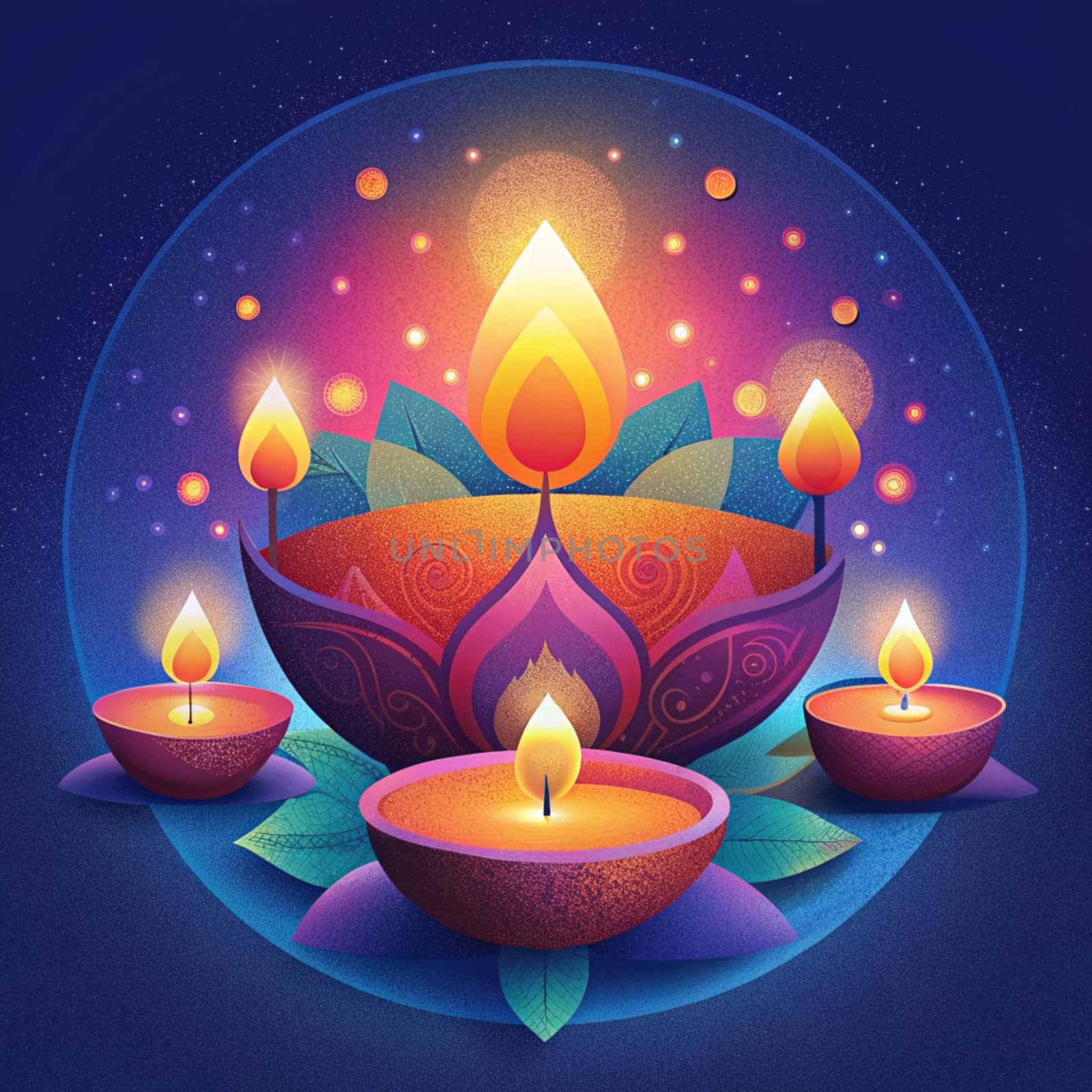 Happy Diwali. Deepak lights on Diwali. Square illustration of traditional Indian oil lamps. Ai generated illustration