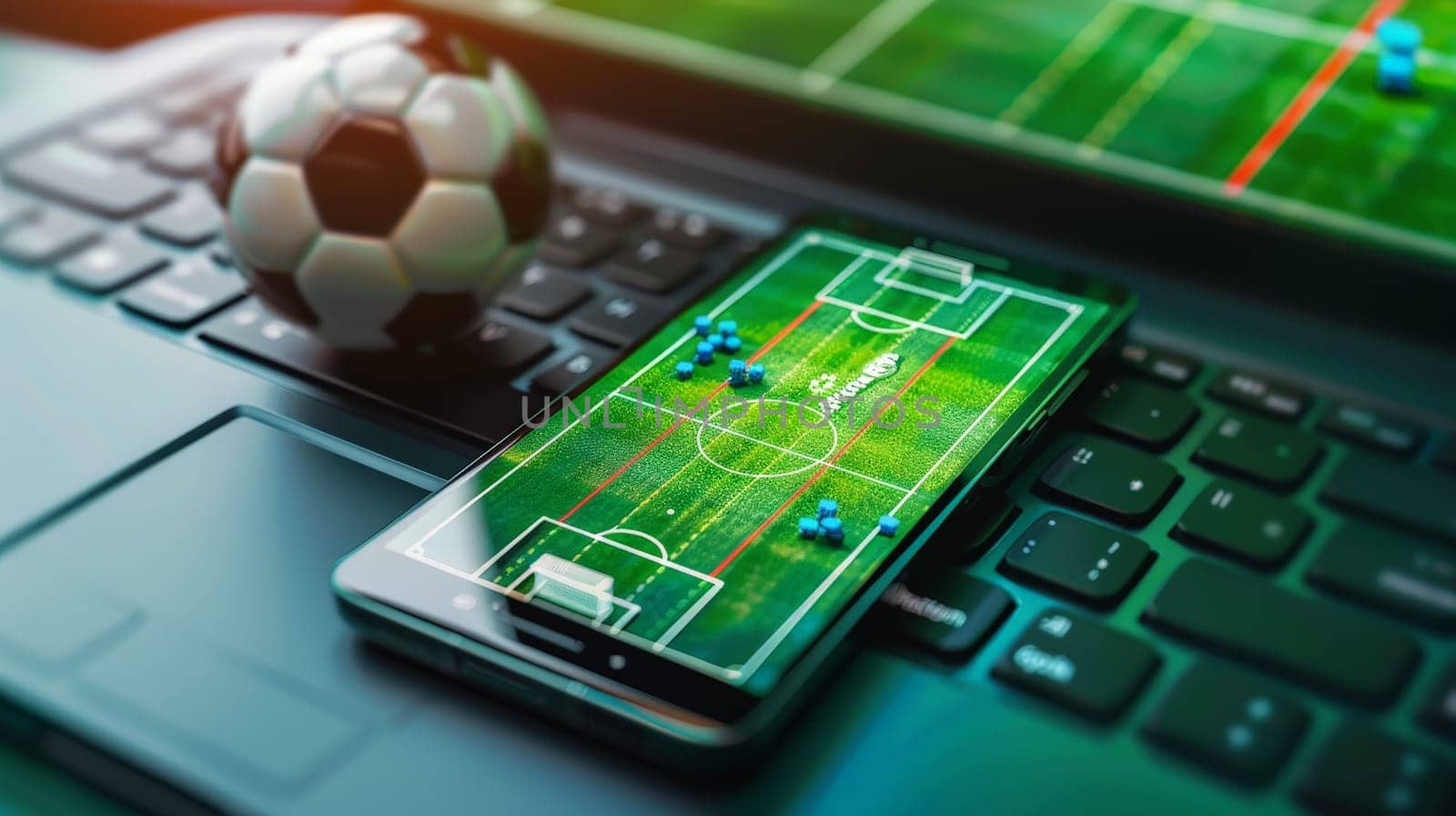 Online Sports Betting Banner with Mobile App and Soccer Field on Screen.