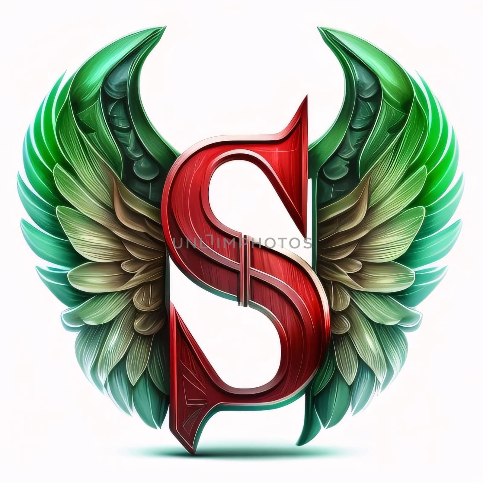 Letter S with green and red winged font. 3D rendering by ThemesS