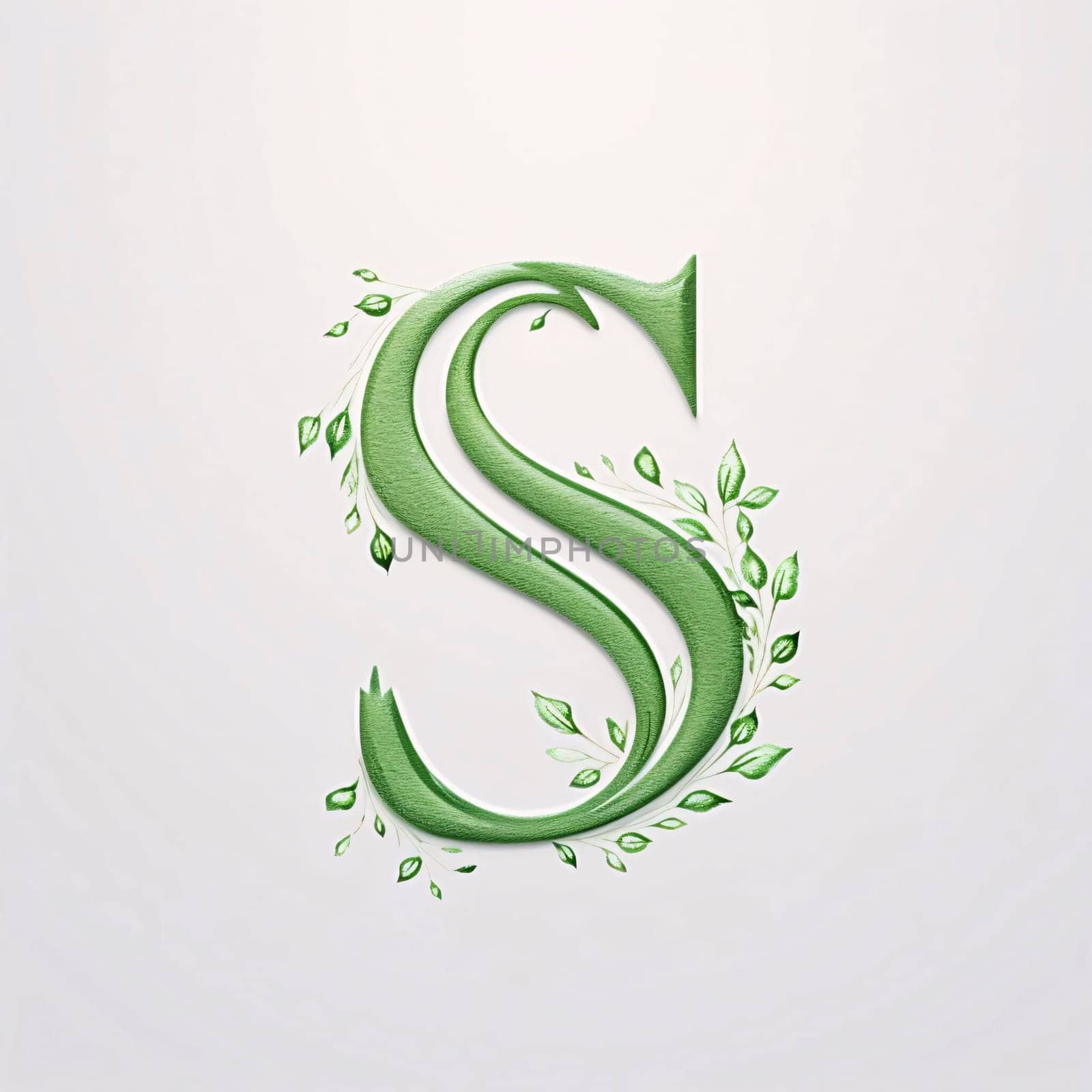 Graphic alphabet letters: Alphabet letter S with green leaves and white background. Eco font.