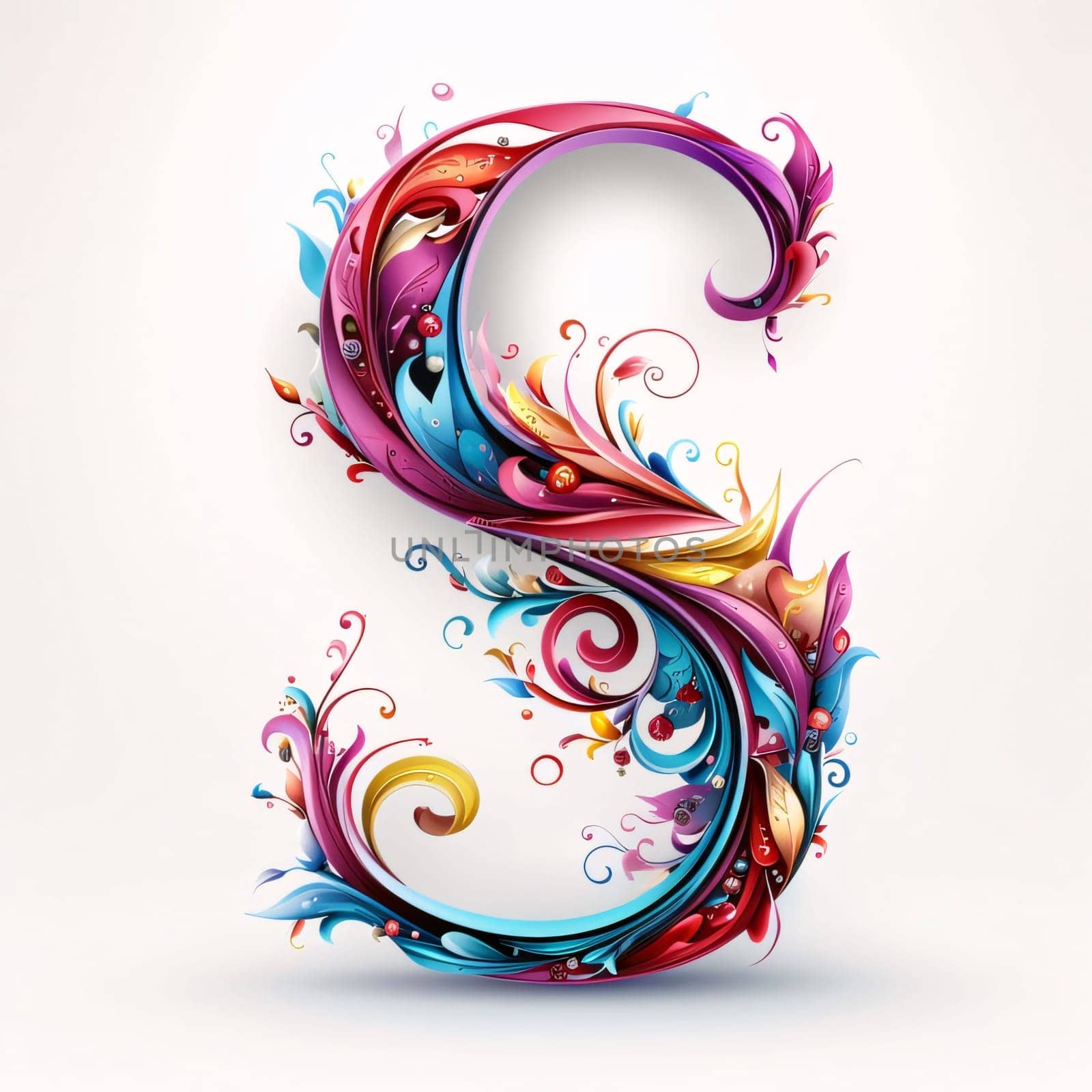 Graphic alphabet letters: 3d vector colorful number three with swirls and floral ornament.