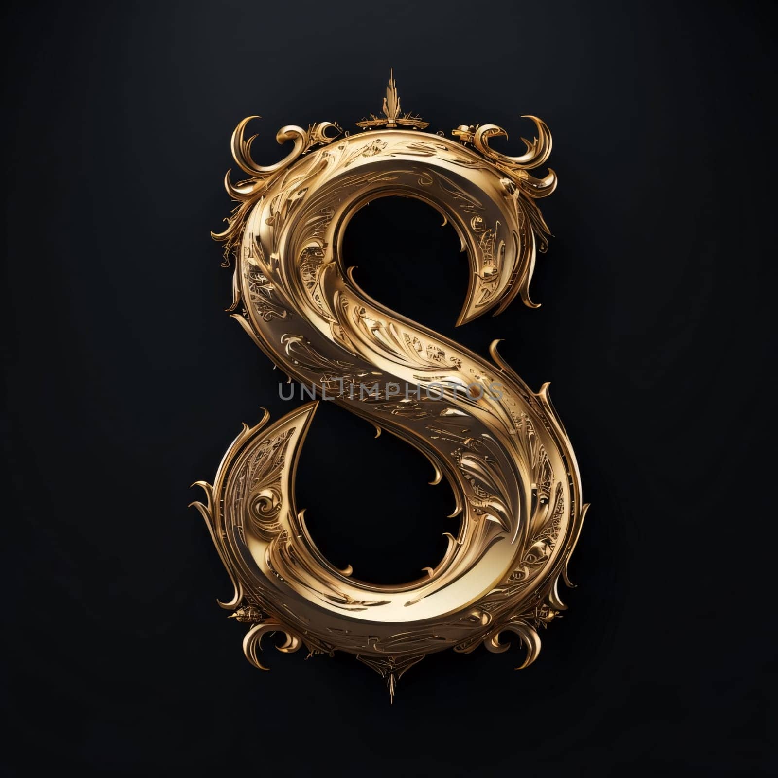 ornate letter S on black background. 3d illustration, 3d render by ThemesS