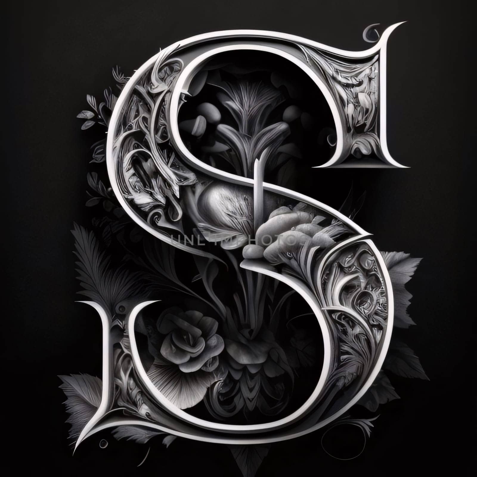 3d illustration of the letter S with floral ornament on black background by ThemesS