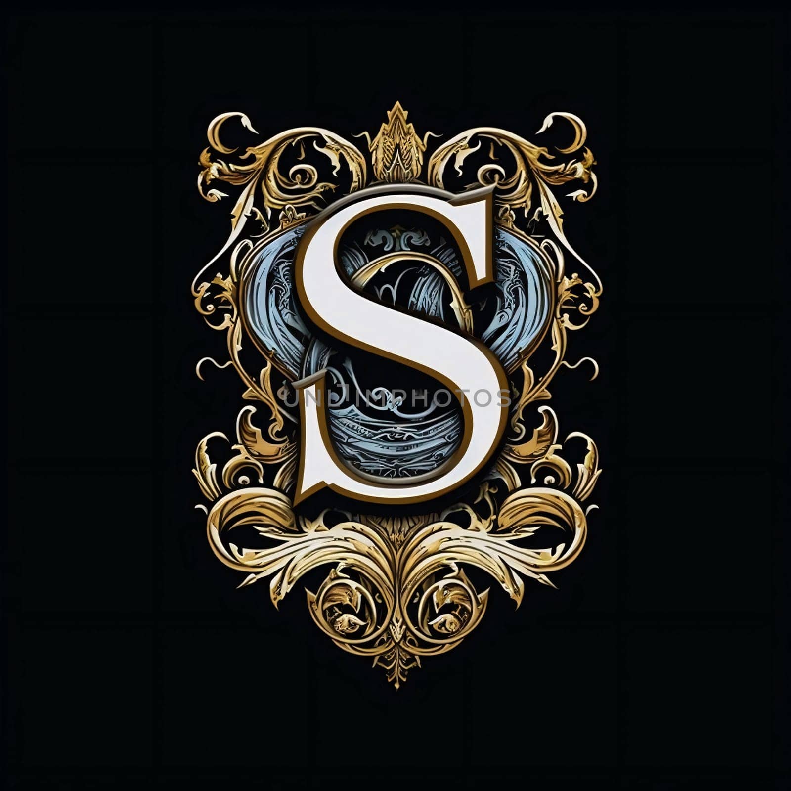 Graphic alphabet letters: Vintage letter S in the style of Baroque on a black background.