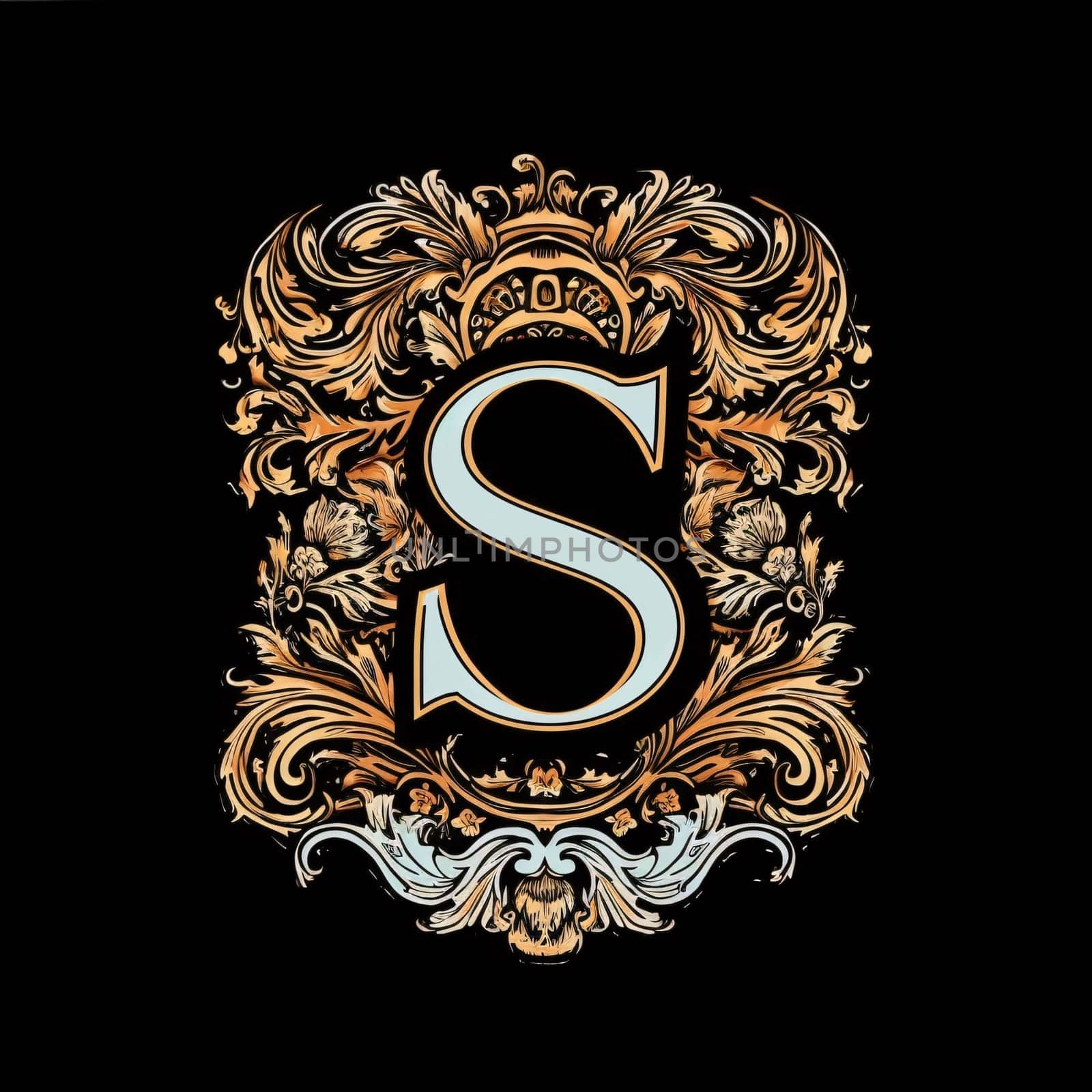 Graphic alphabet letters: Luxury vintage capital letter S. The letter is surrounded by ornate elements.