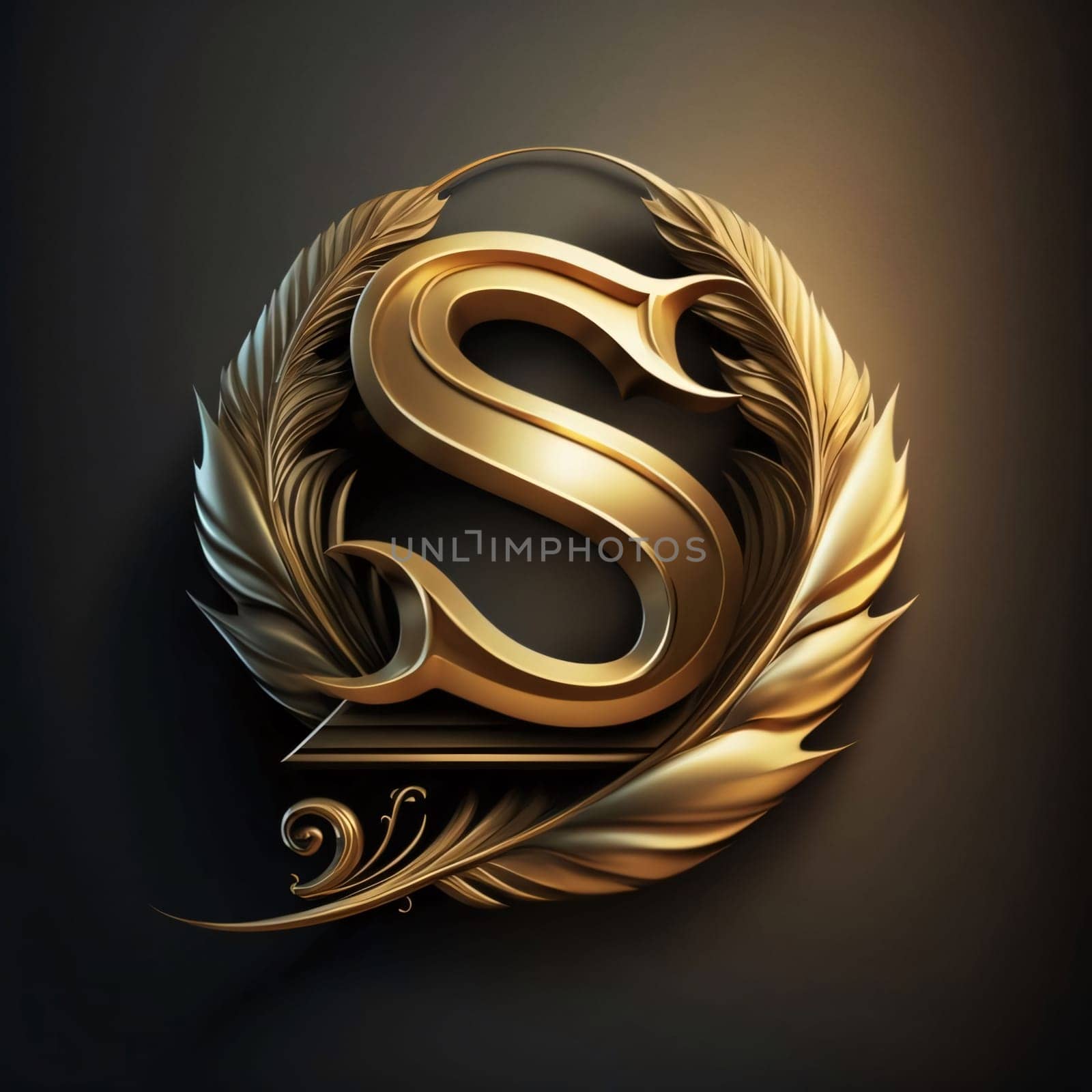 Graphic alphabet letters: Letter S with golden laurel wreath on black background. 3D rendering